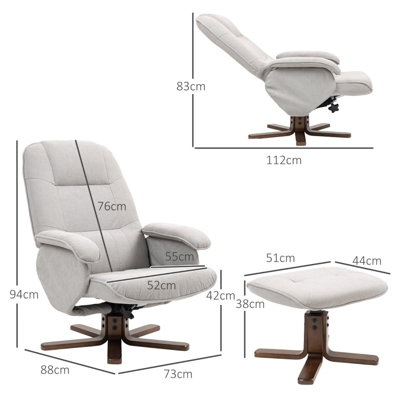 Linen Swivel Recliner Chair with Footstool, Wooden Base, Light Grey