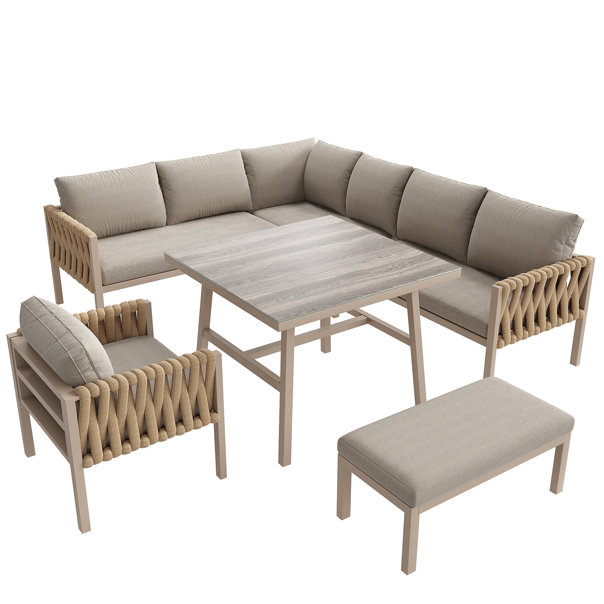 Rope Garden Furniture Set Corner Sofa Adjustable Legs Tempered Glass Beige