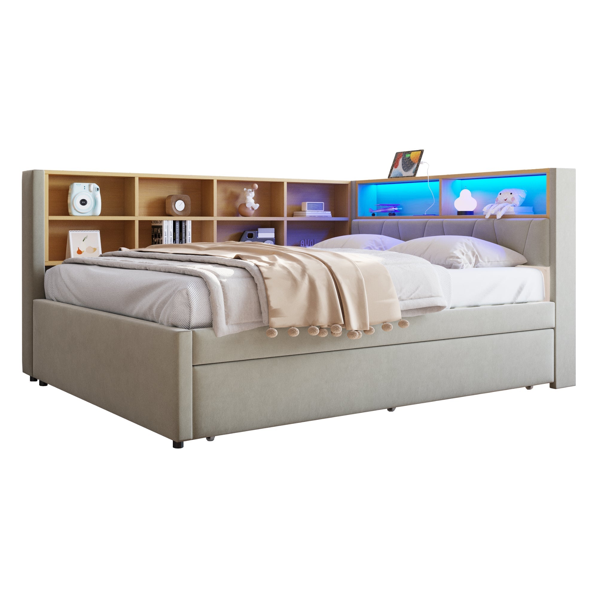 Solid Wood Sofa Bed with Pull-Out Bed, USB Ports & Storage, Grey