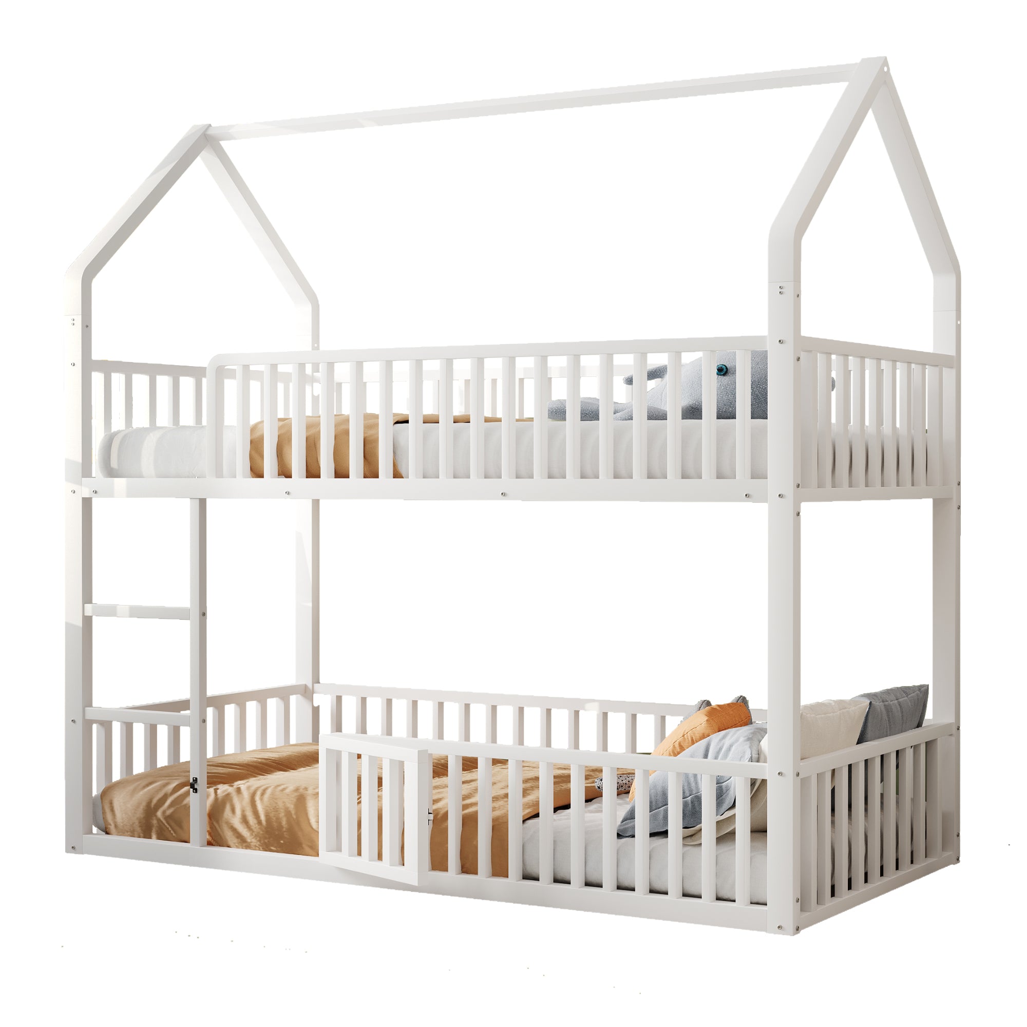 Children's Bunk Bed 90*200, Loft Design with Stairs, White Metal