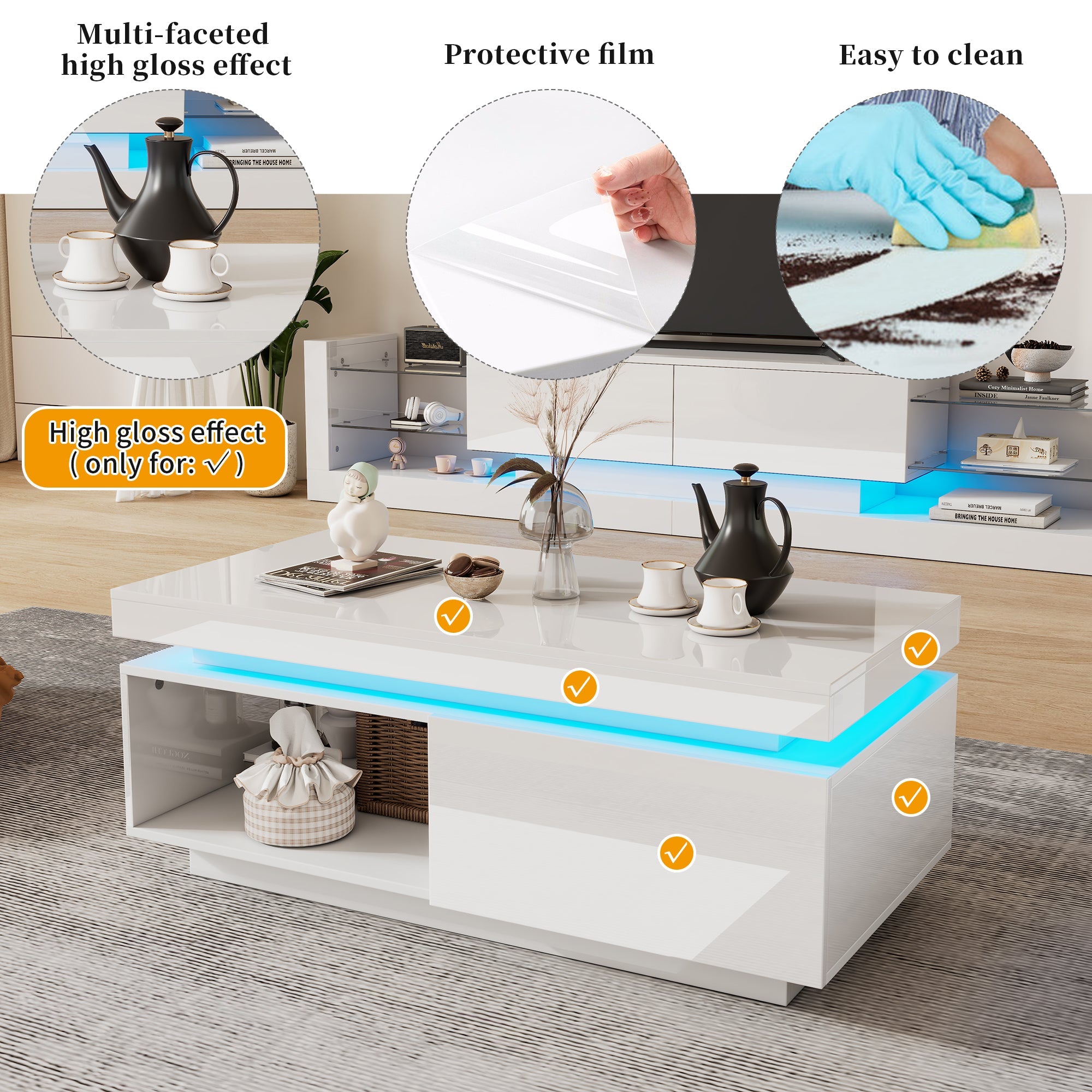 Modern high-gloss coffee table with LED lighting and drawer, 50 kg capacity