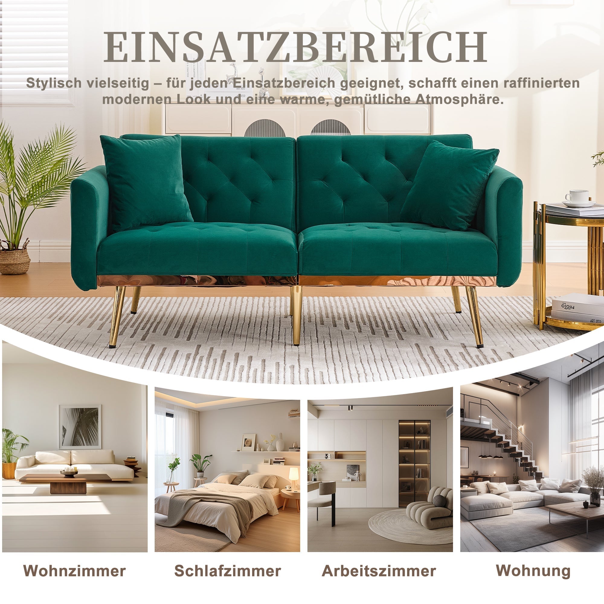 Two-Seater Sofa, Adjustable Backrest Sofa Bed with Metal Legs, Emerald Velvet