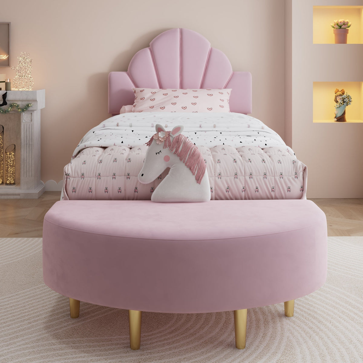 Upholstered Single Bed 90x200cm Velvet Headboard Matching Bench - Pink Velvet