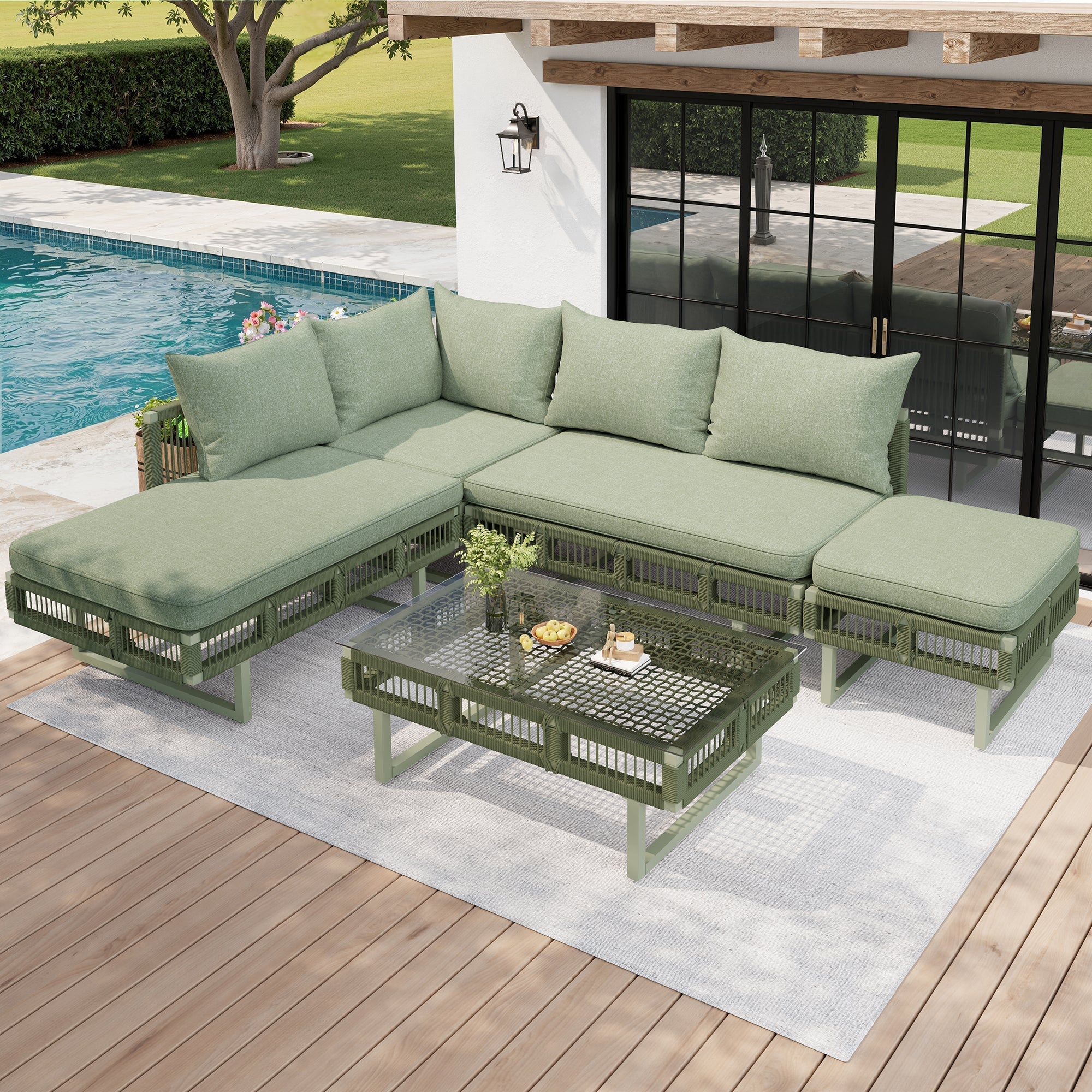 Outdoor Seating Group with Rope Weave, Adjustable Feet and Glass Coffee Table, Beige/Green