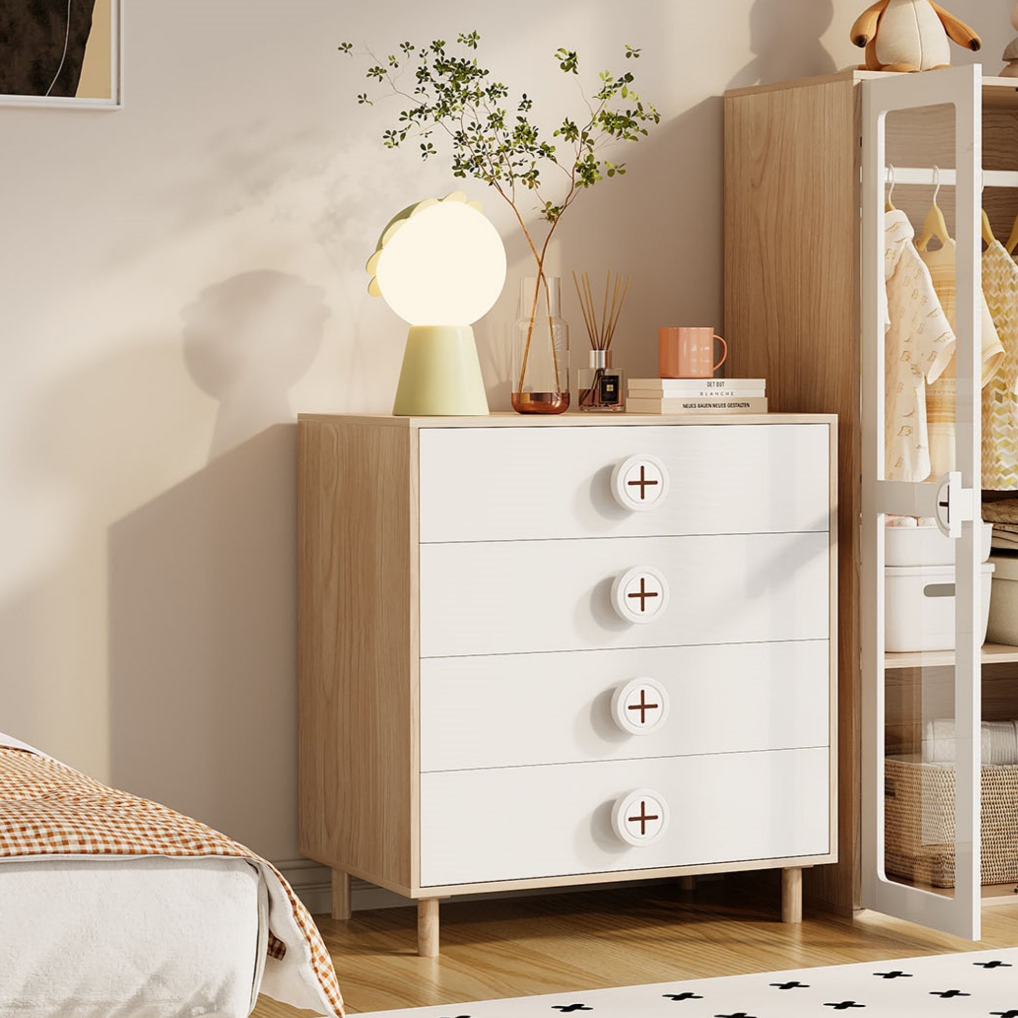 Wardrobe and Chest of Drawers Combination Set, Lacquered Panels and Chipboard, White