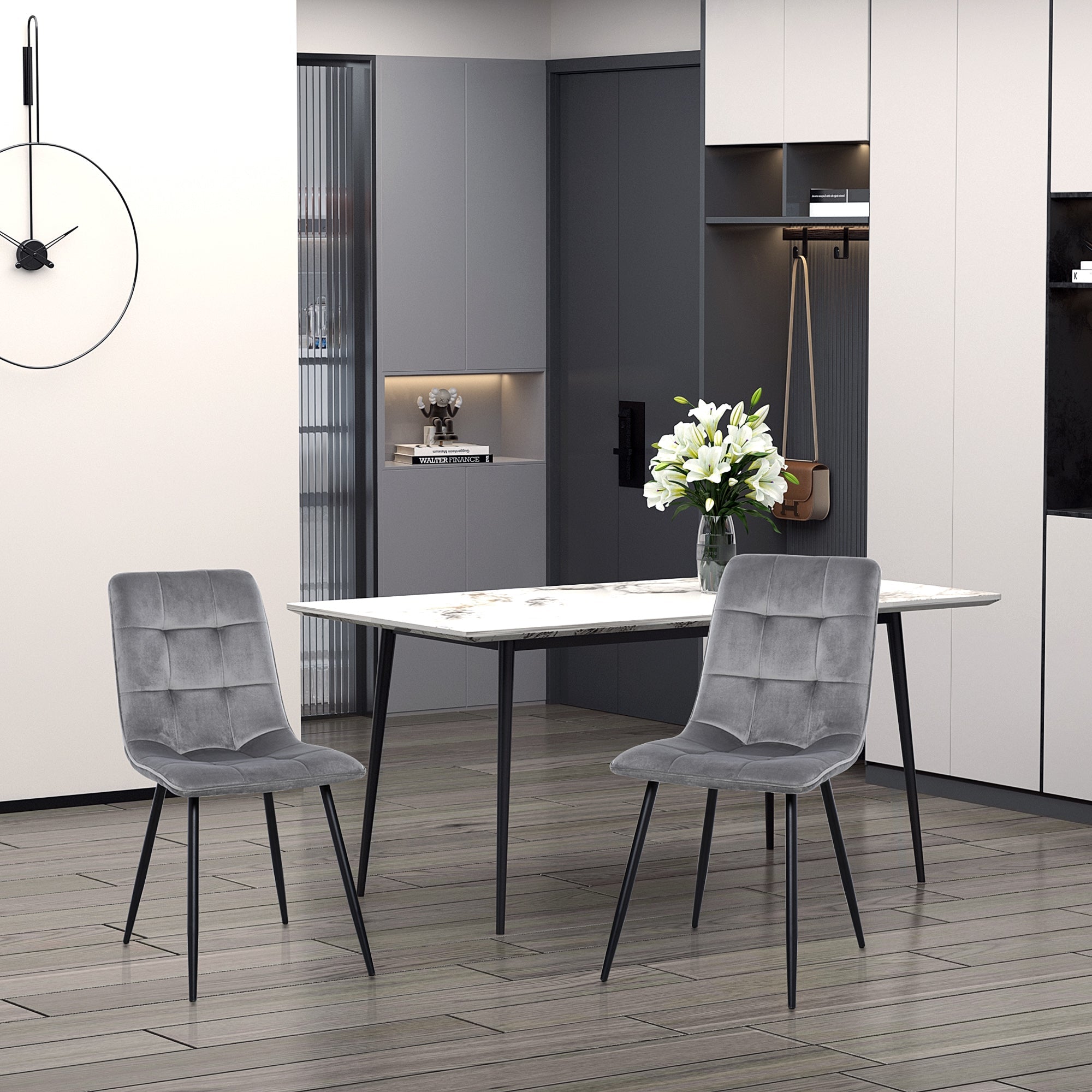 Dining Chairs, Set of 2 Upholstered Kitchen Chairs, Grey Black Metal