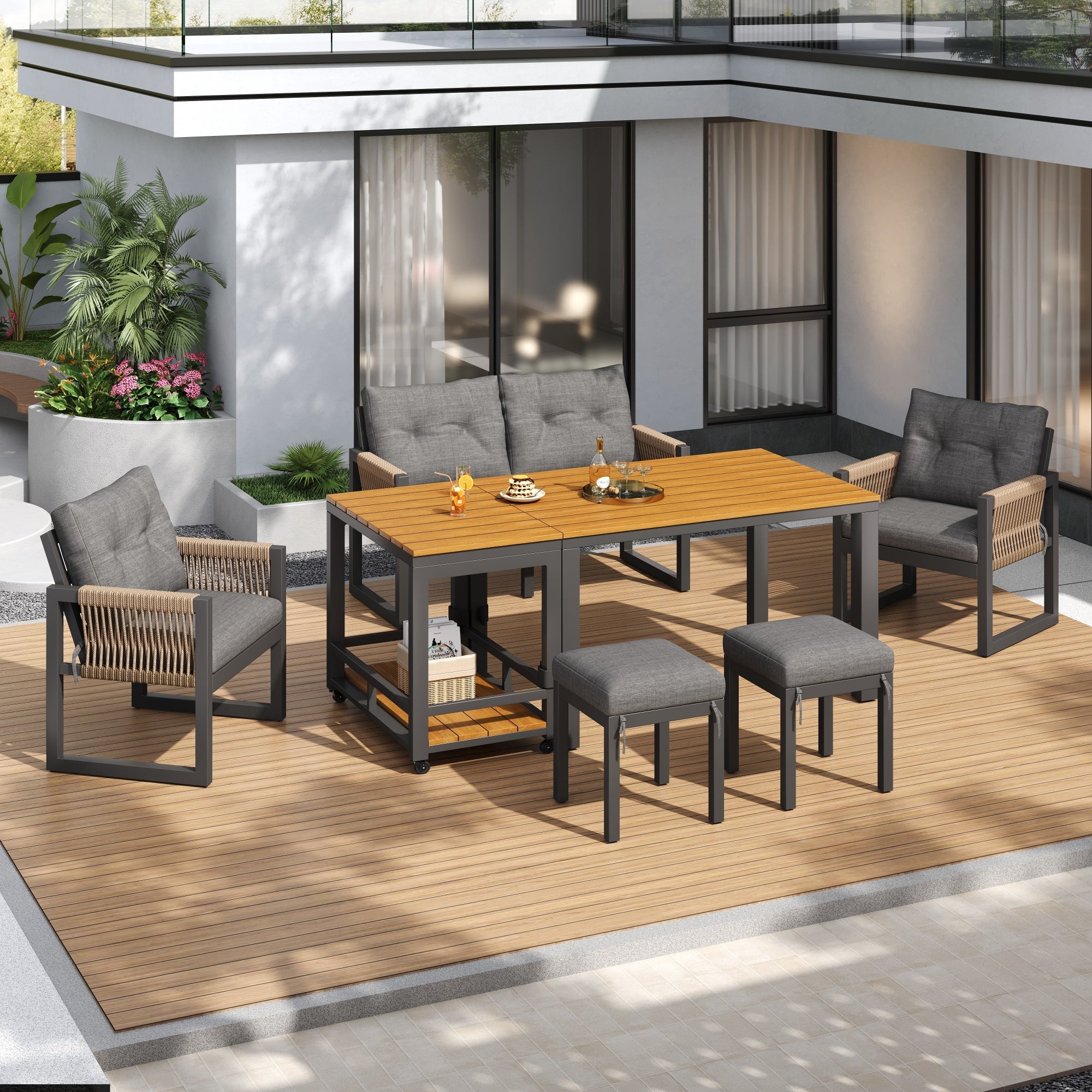 Outdoor Sofa Set with Woven Armrests, Cushions and Multifunctional Table, Iron Frame