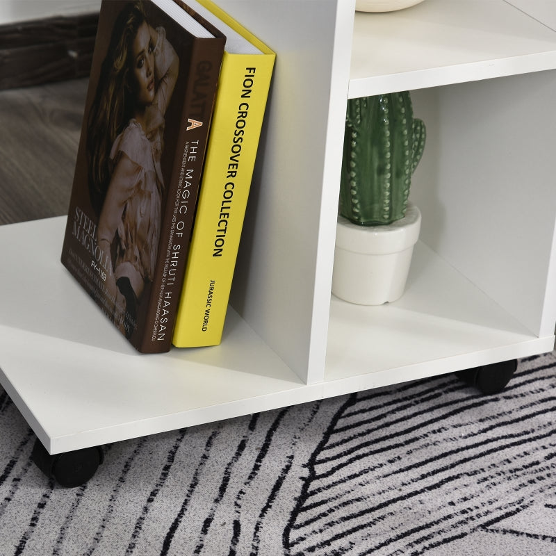 C-Shape End Table Freestanding Storage Unit with 2 Shelves and 4 Wheels, White