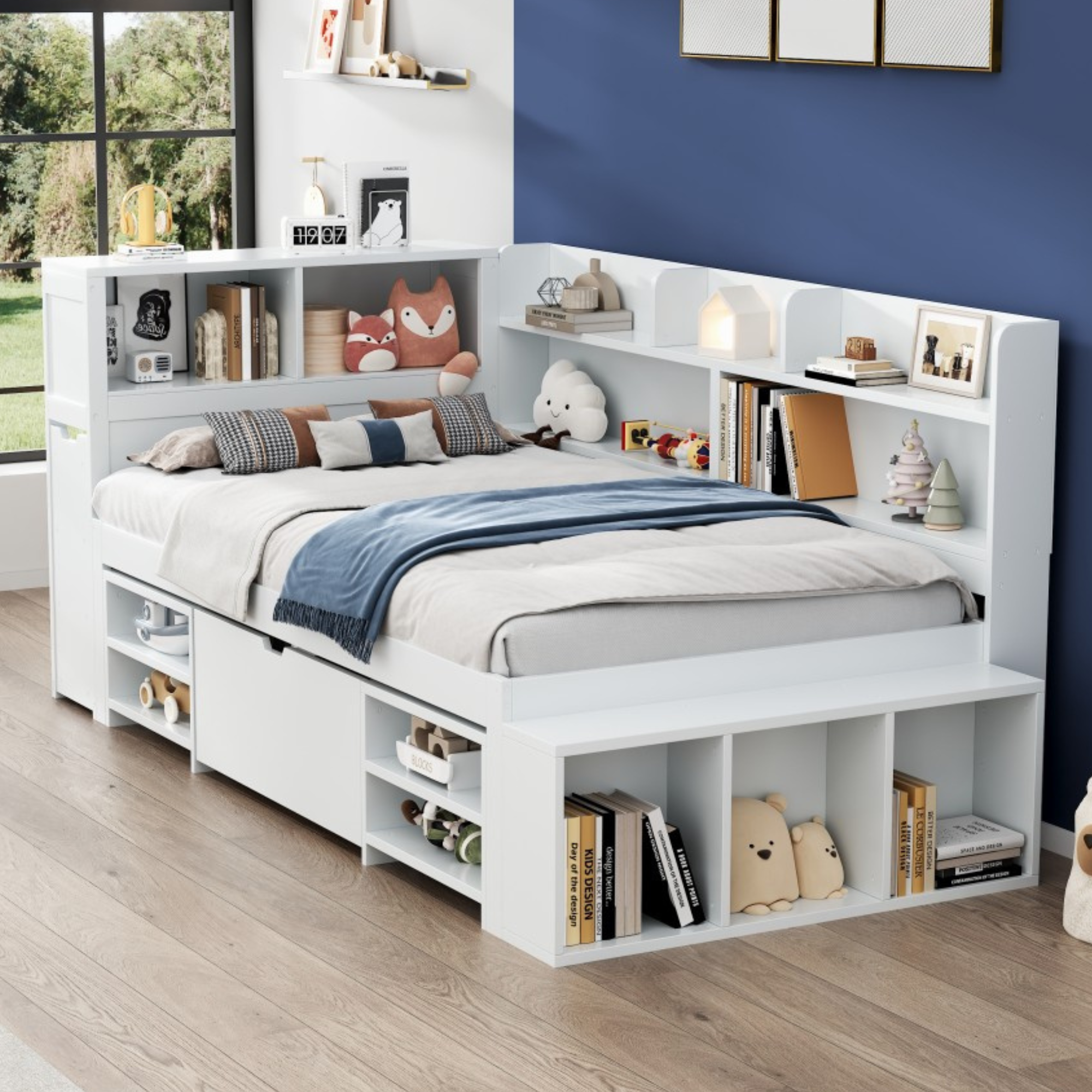 Child's Single Bed 90x190cm Drawers Shelves Storage - White