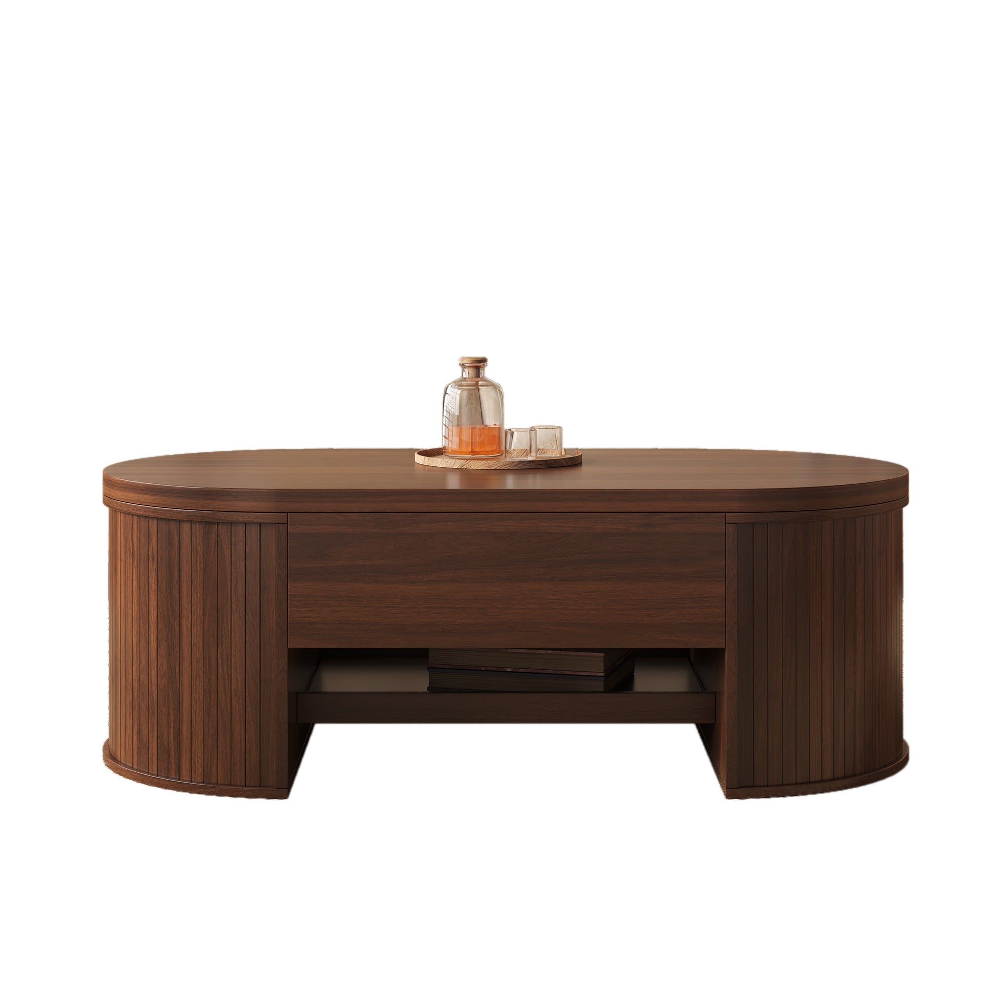 Liftable Coffee Table, Curved Sides Pull-Out Shelf Multifunctional, Wooden