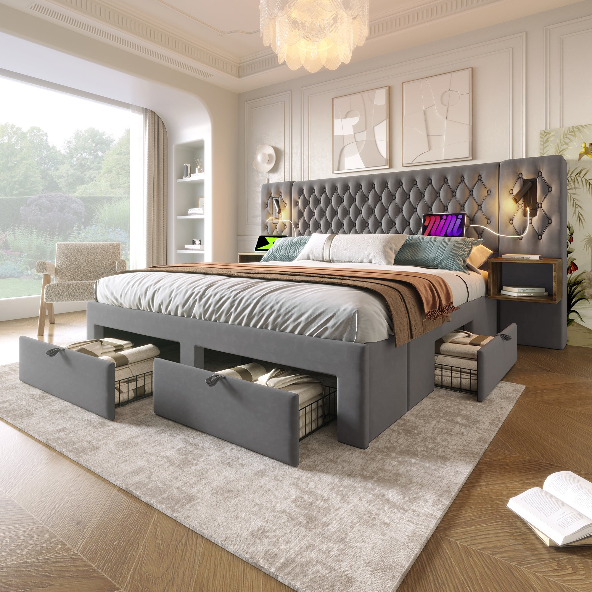 Bedroom Bed Set, Upholstered 180x200 cm with Nightstands, Drawers, Reading Light USB, Grey Velvet