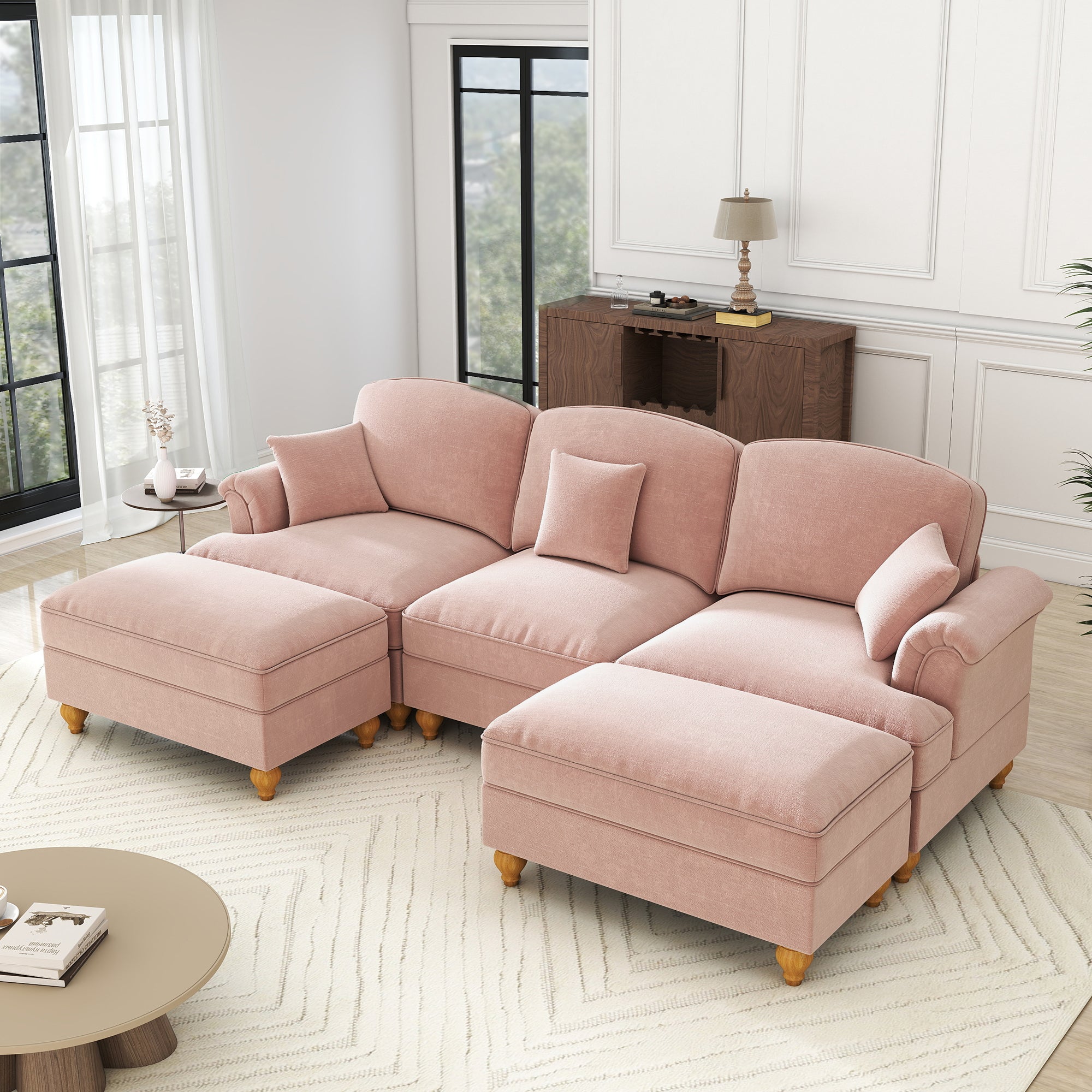 Modular U-Shaped Chenille Sofa, Movable Ottoman, Ruffled Apron - Pink