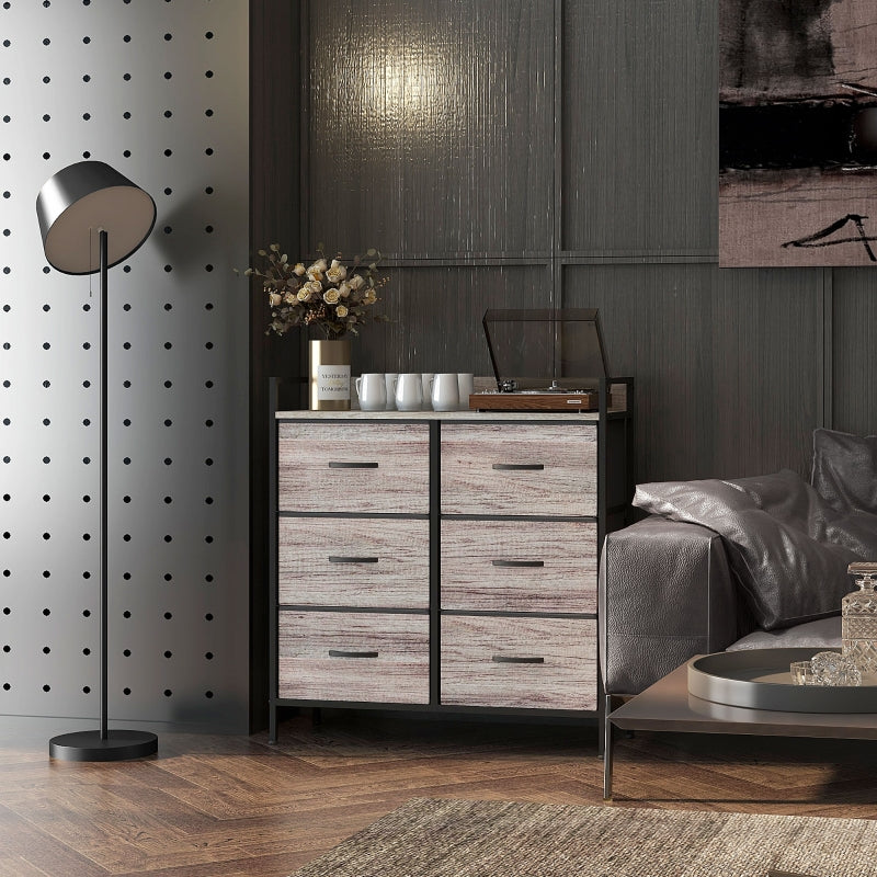 Chest of drawers 6 fabric drawers wood look steel frame gray