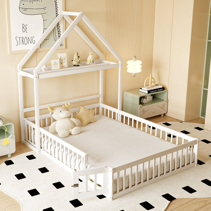 Children's Bed 140x200, Solid Wood Frame with Storage & Safety Gate, White
