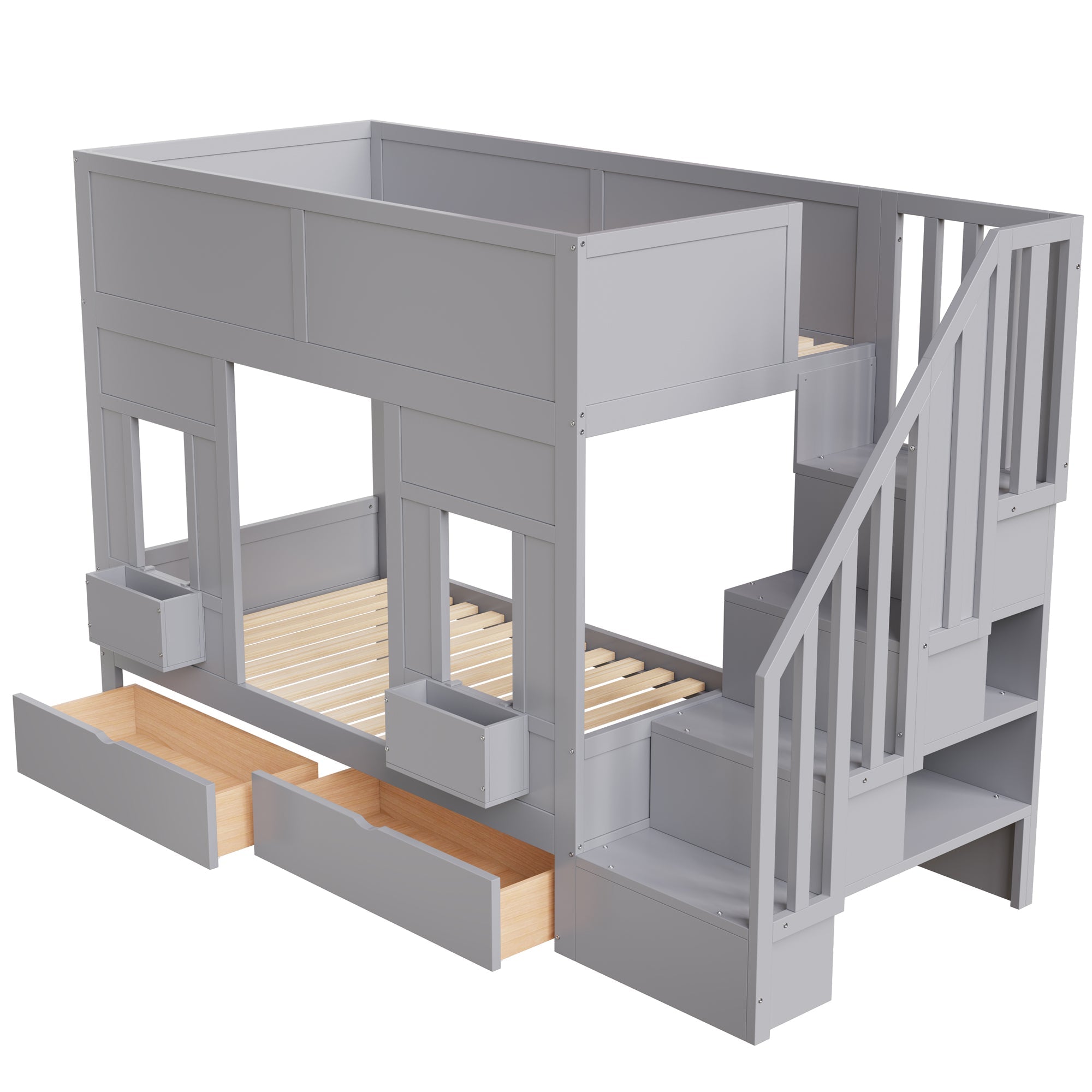 Bunk Bed with Storage Stairs, Drawers, Windows and Safety Railing, 90x200cm, Wood