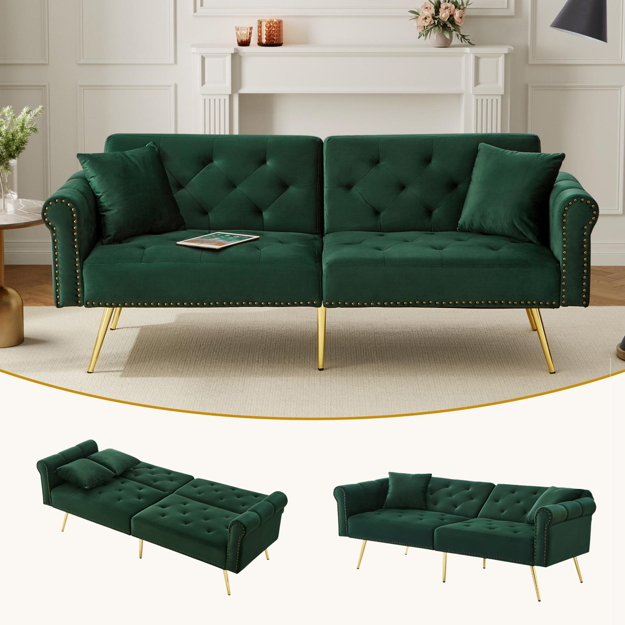 Sofa Bed, 2-Seater Adjustable Backrest Space-Saving, Velvet