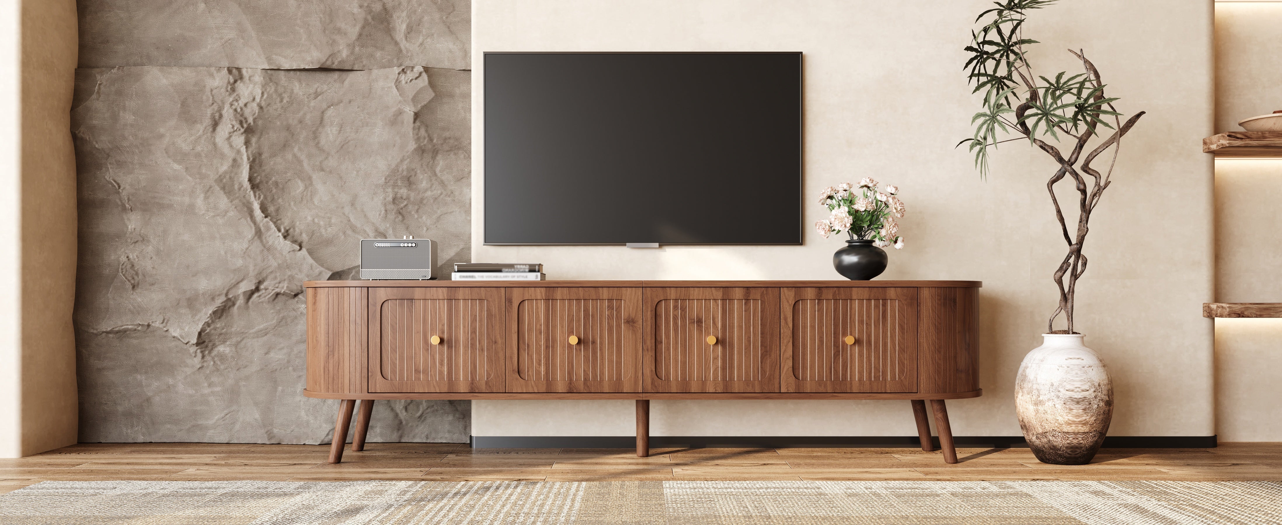 TV Stand Modern Low 4 Cabinet Doors Gold Handles 180cm