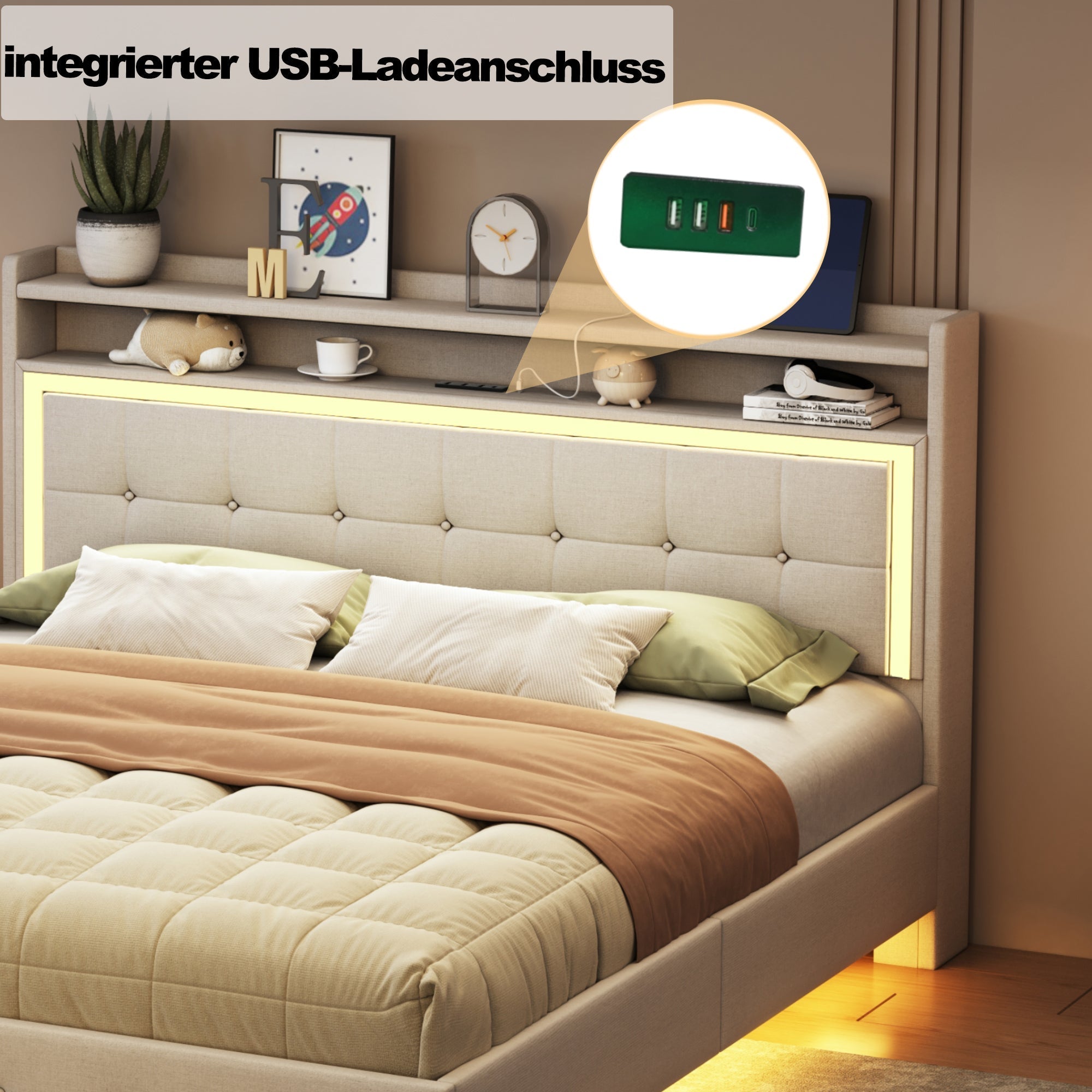 Upholstered Bed 160*200, USB & LED, Double Flat, Linen Fabric Beige