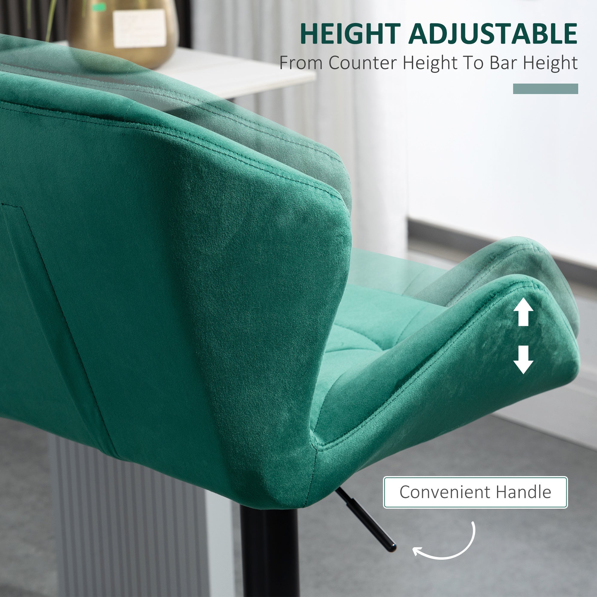 Bar Stools Set Of 2, Adjustable Height with Metal Frame Footrest, Velvet-Touch Green