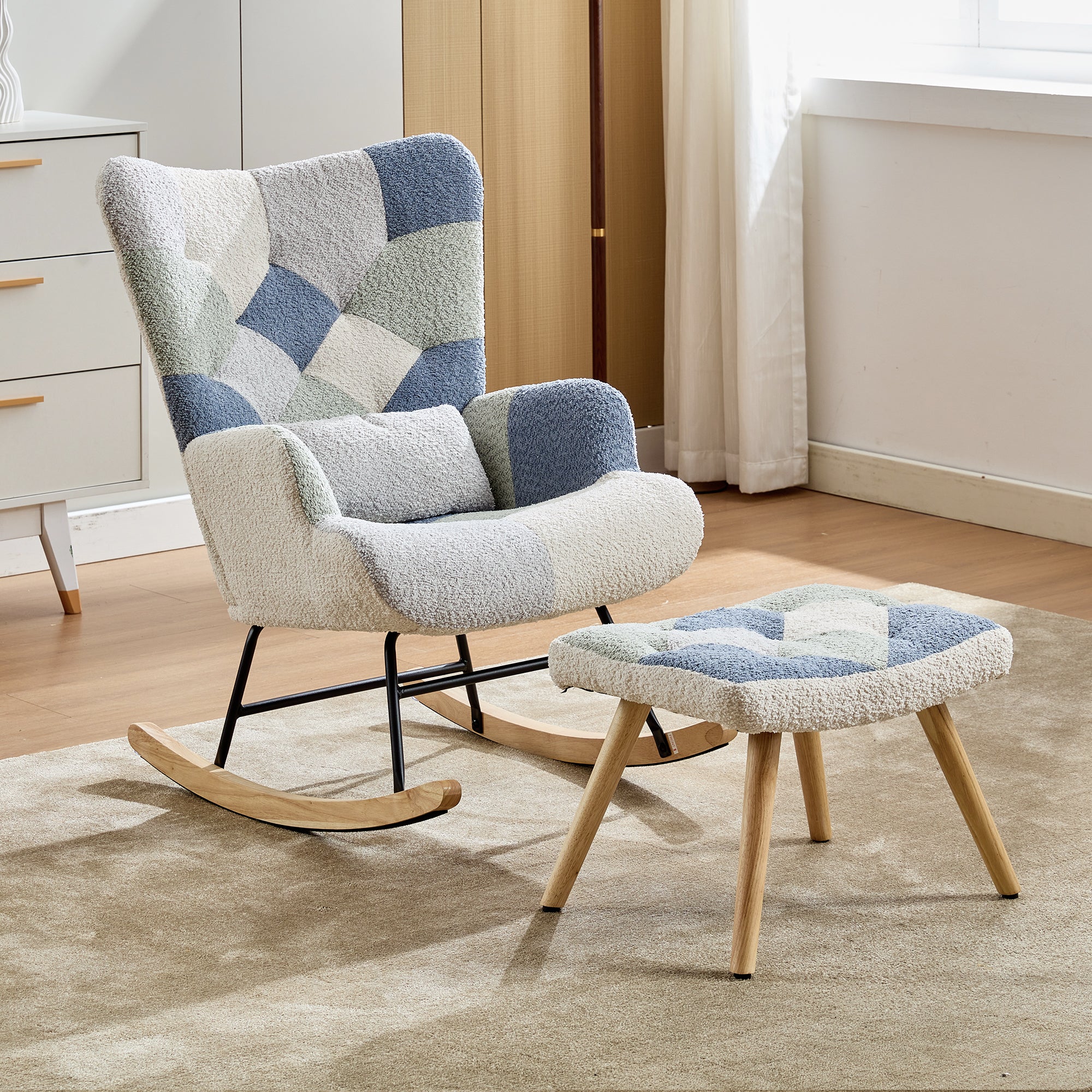 Rocking Recliner with Footstool and Upholstered Armchair, Patchwork Houndstooth Pattern
