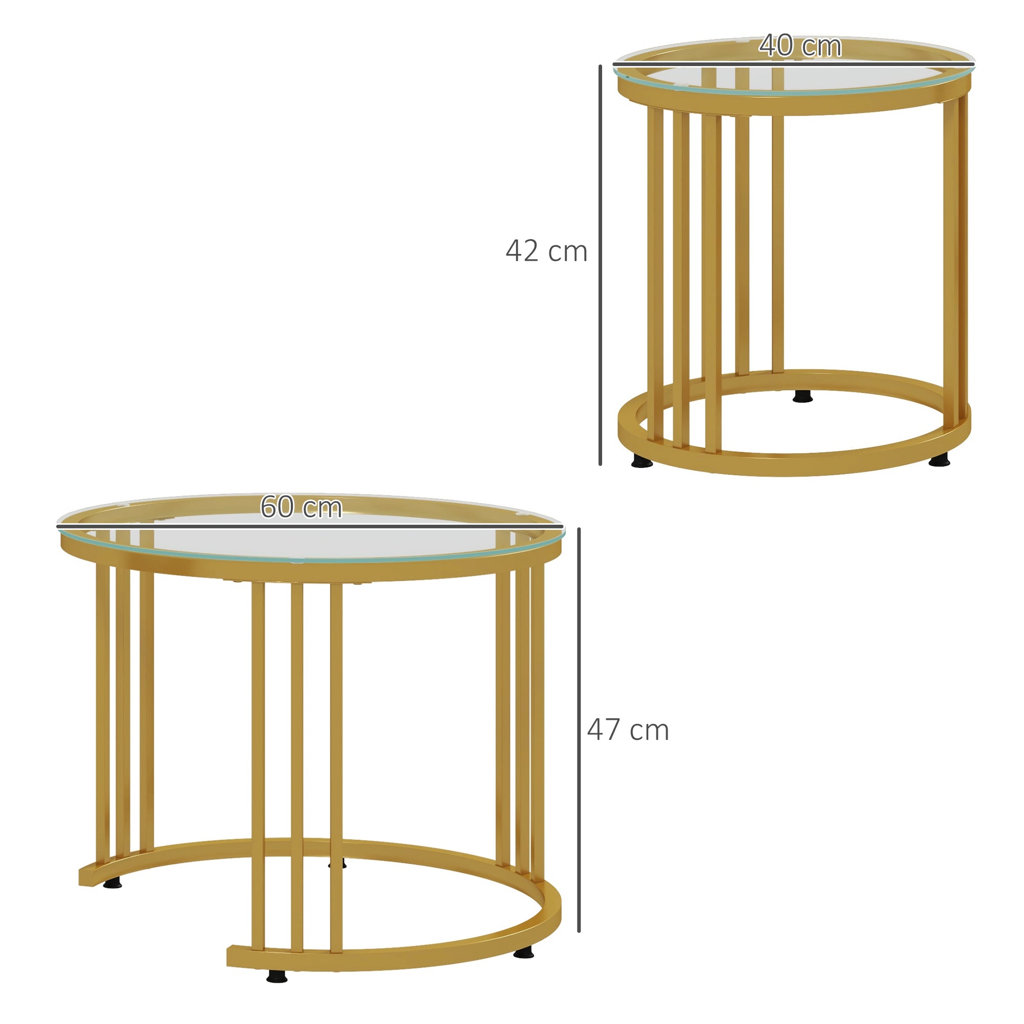 Round Coffee Tables Set of 2, Nesting Tempered Glass Top Steel Frame, Gold Tone