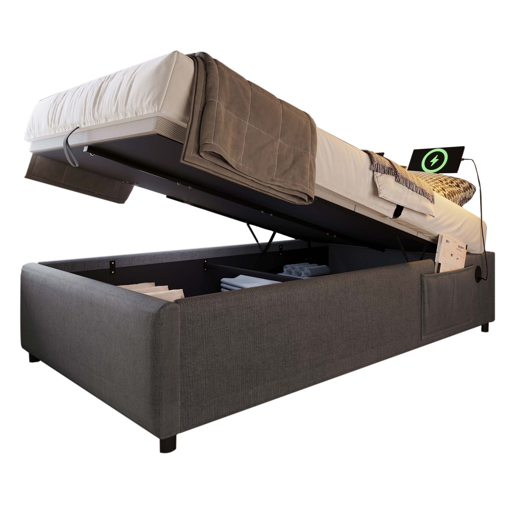 Upholstered Single Bed, 90x200cm USB-C Slatted Frame, Cotton Grey