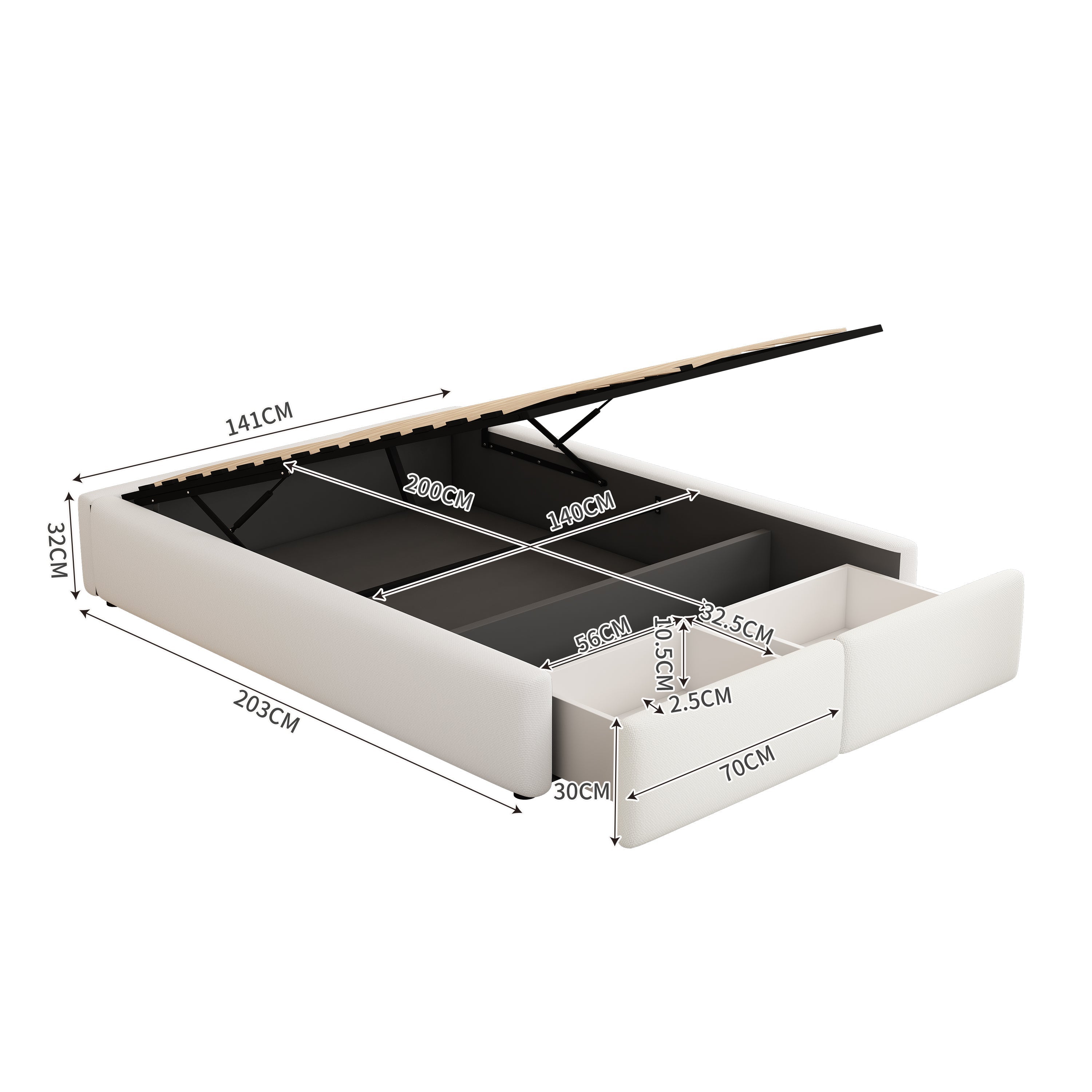 Upholstered Platform Bed 140x200cm Hydraulic Storage 2 Drawers - White