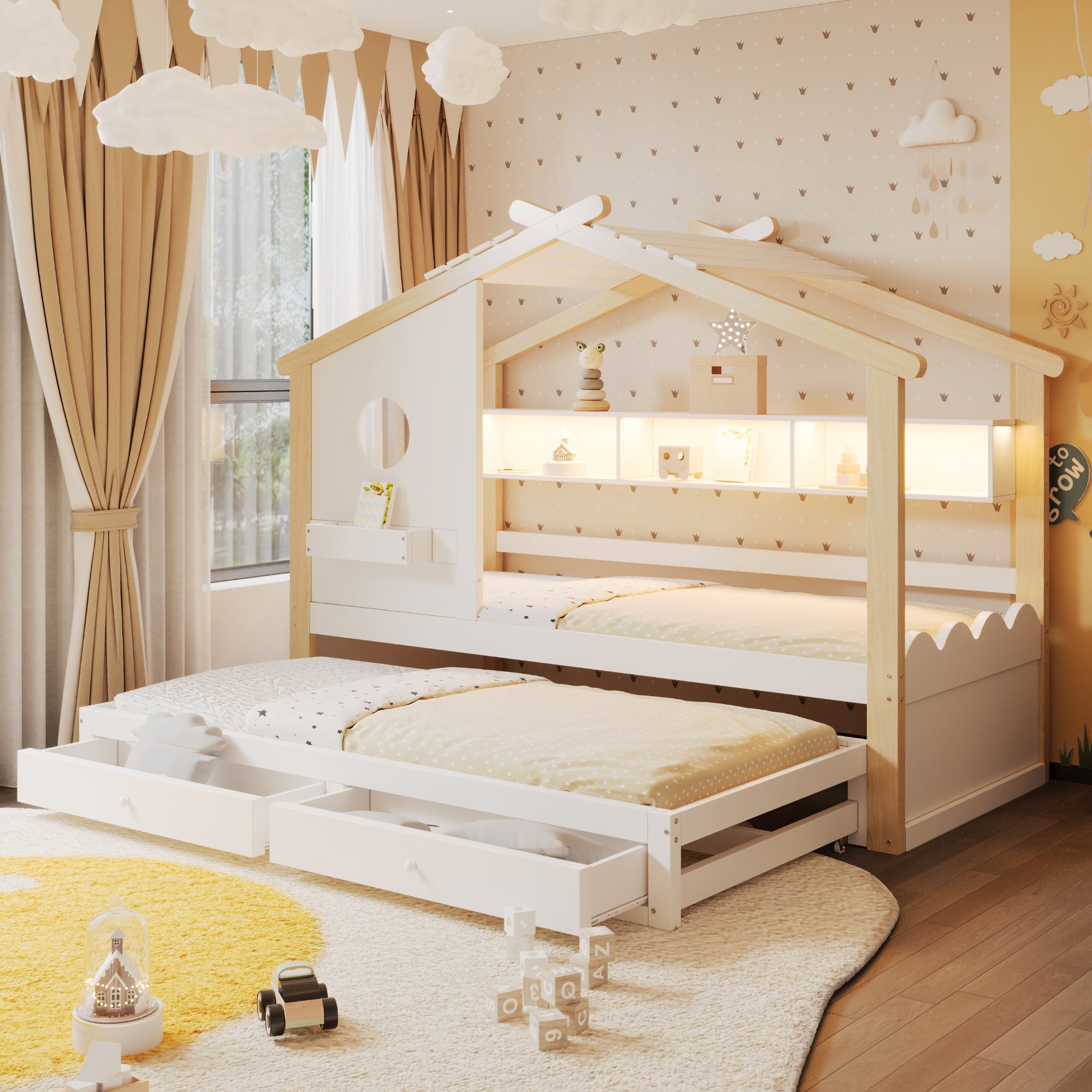 House-Shaped Children's Bed with Pull-out Bed, Drawers, USB, LED and Shelves, 90x200cm, White and Raw Wood