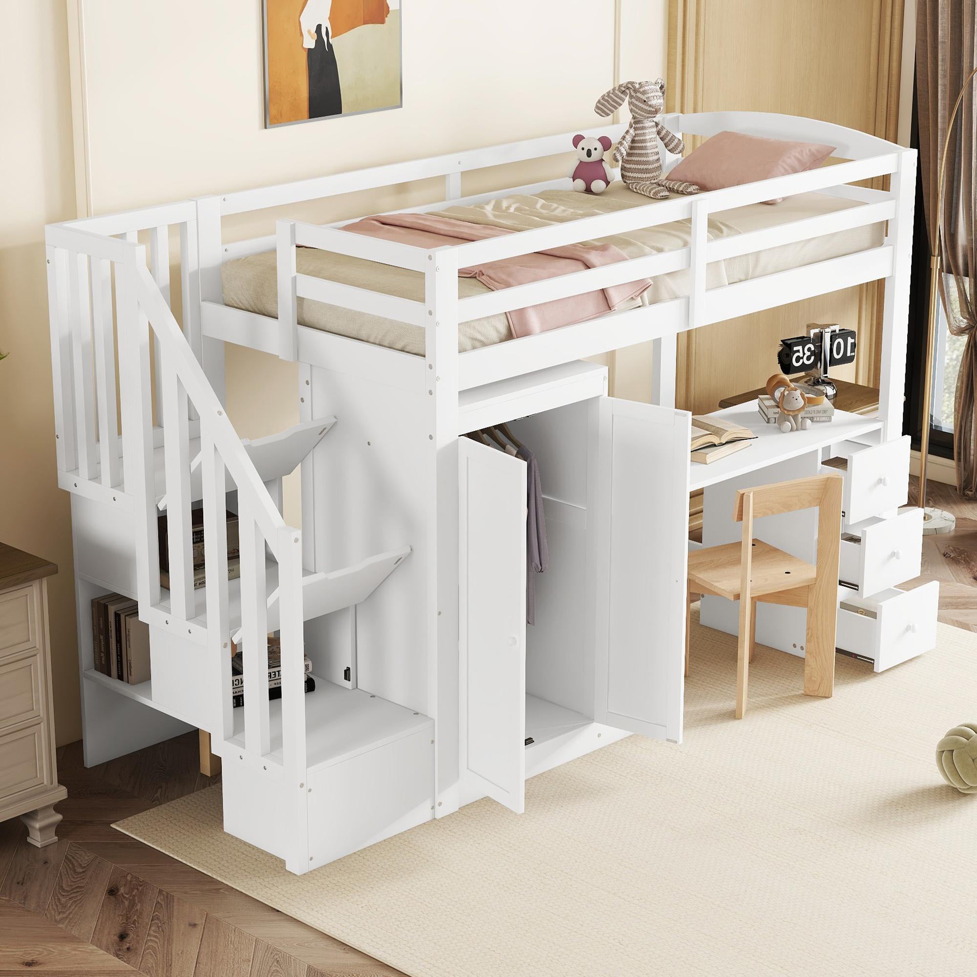 Loft Bed with Wardrobe, Desk, Stairs and Drawers, 90 x 200cm, White