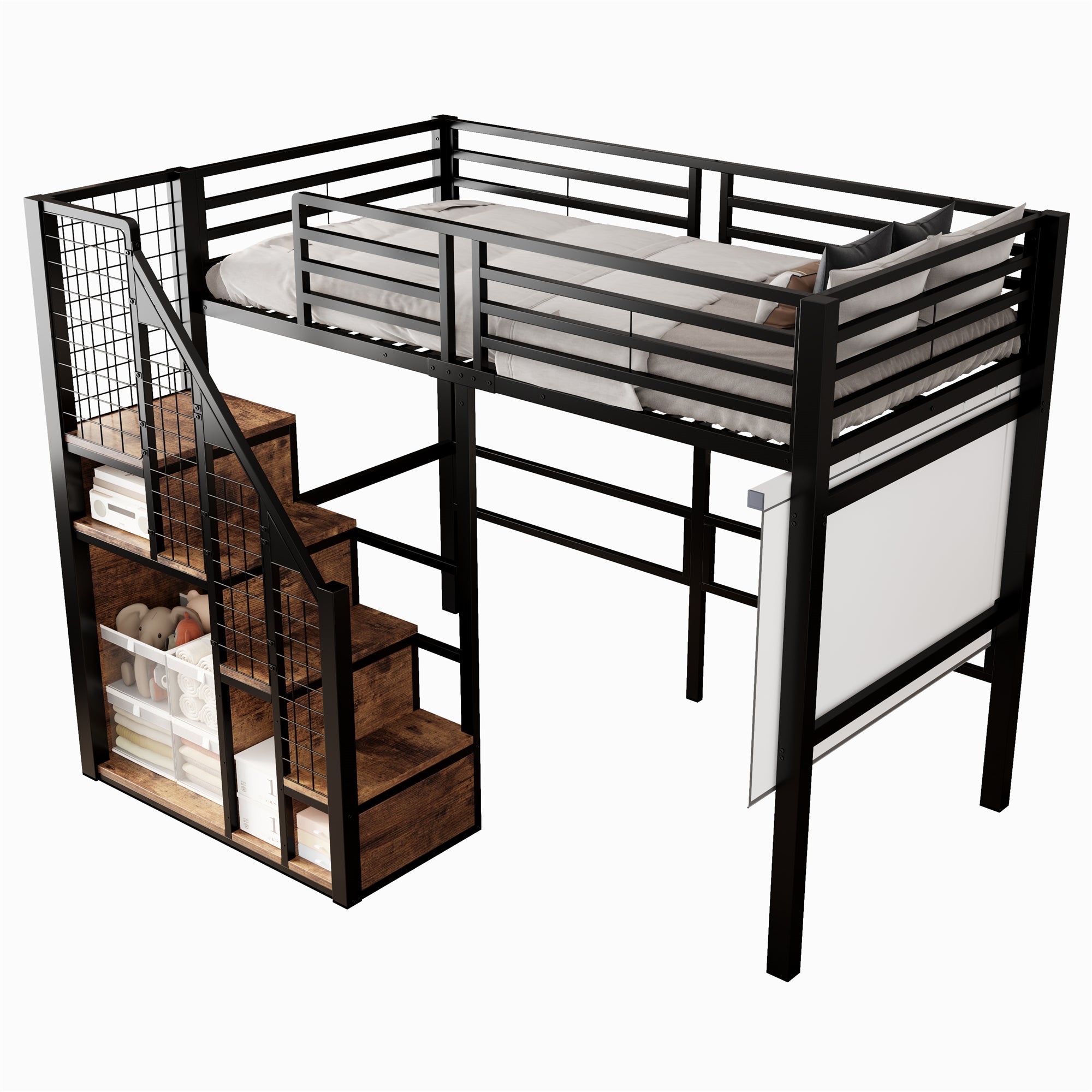 Bunk Bed 90x200cm Iron Frame with Storage Area Safety Ladder Black
