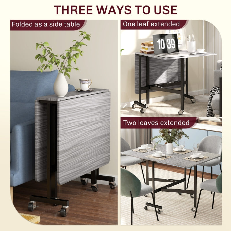 Six-Seater Drop-Leaf Dining Table with Wheels, Grey Wood-Effect