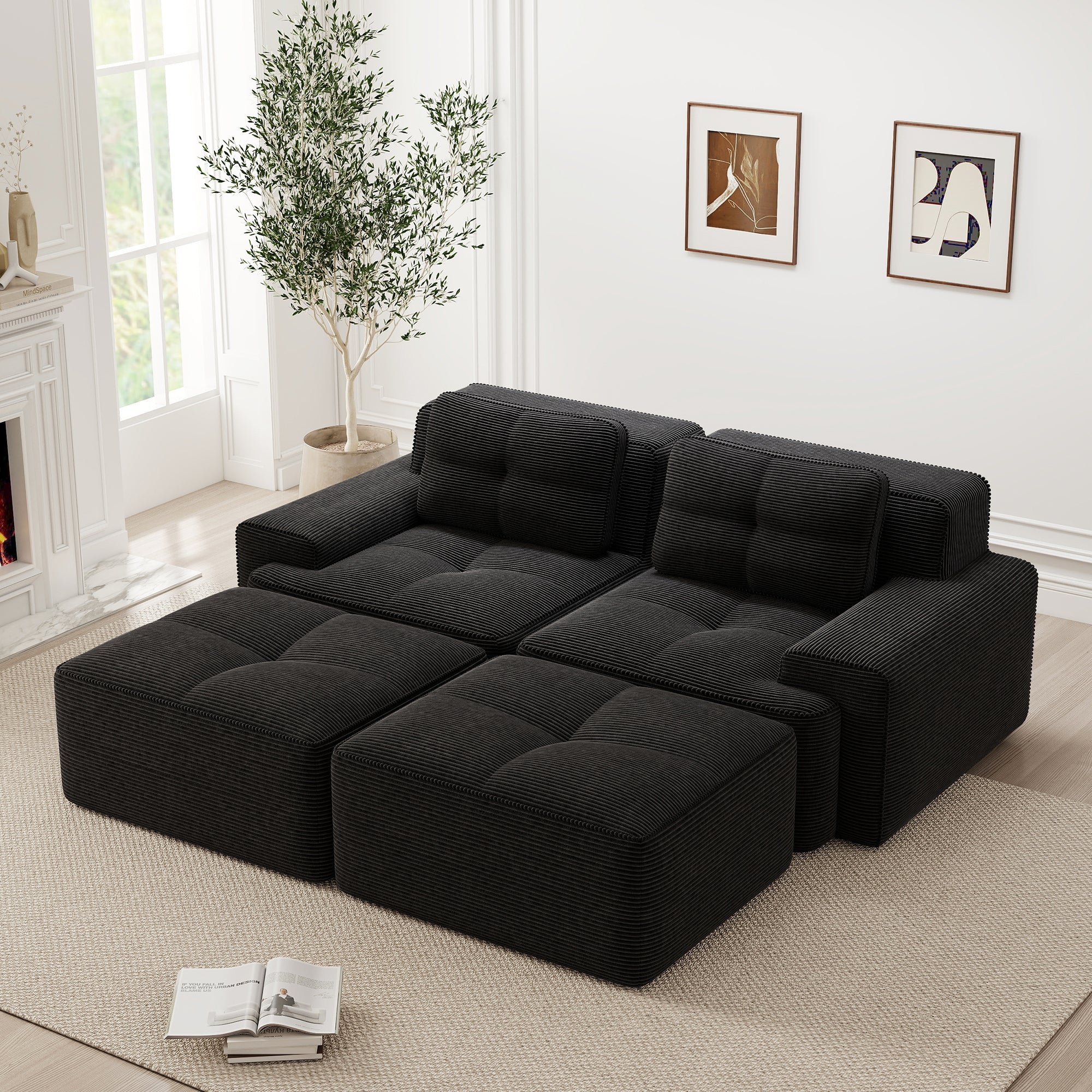 Cloud Modular Sofa U-shaped Ottoman Deep Seat - Corduroy Black