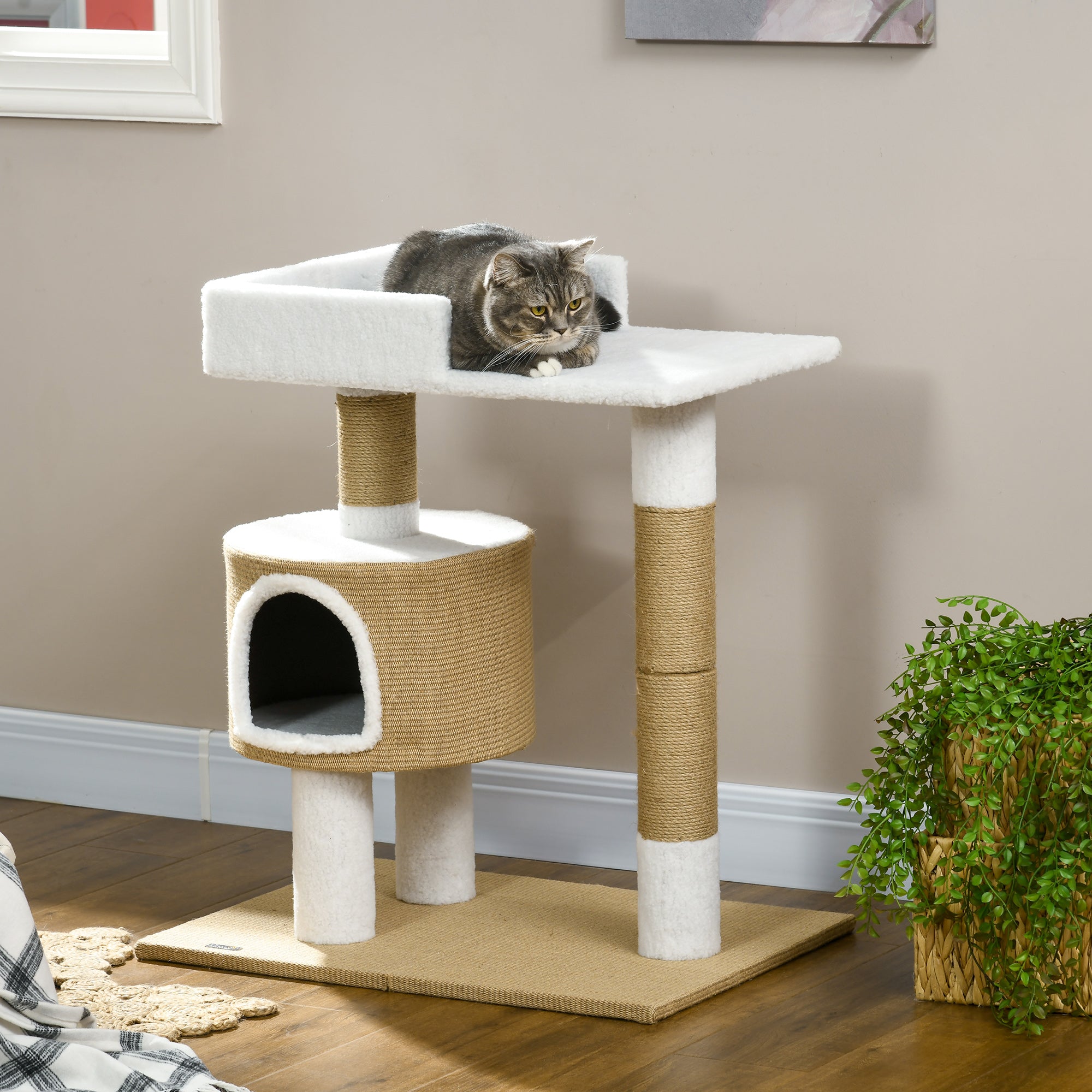 Cat Tree 79cm Small, with Cat Cave & Lying Area, Jute Brown/White