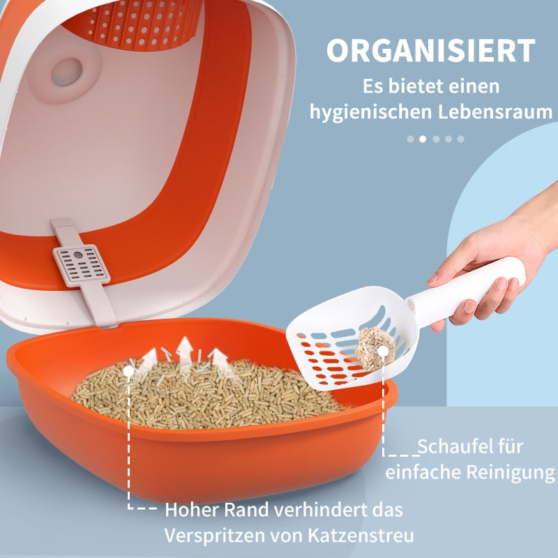 Cat Litter Box, with Lid and Scoop, White/Orange