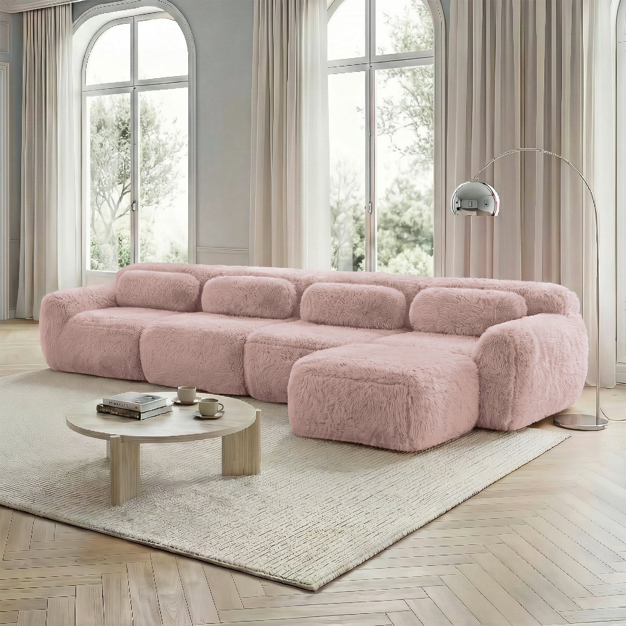 L-Shaped Sofa 4-Seater Modular Chaise Longue - Premium Plush Pink