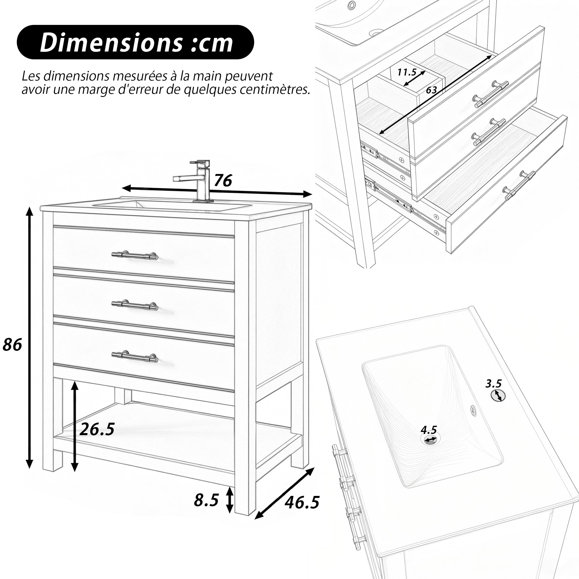 Bathroom Vanity Unit with Ceramic Sink and 2 Drawers, White and Gold