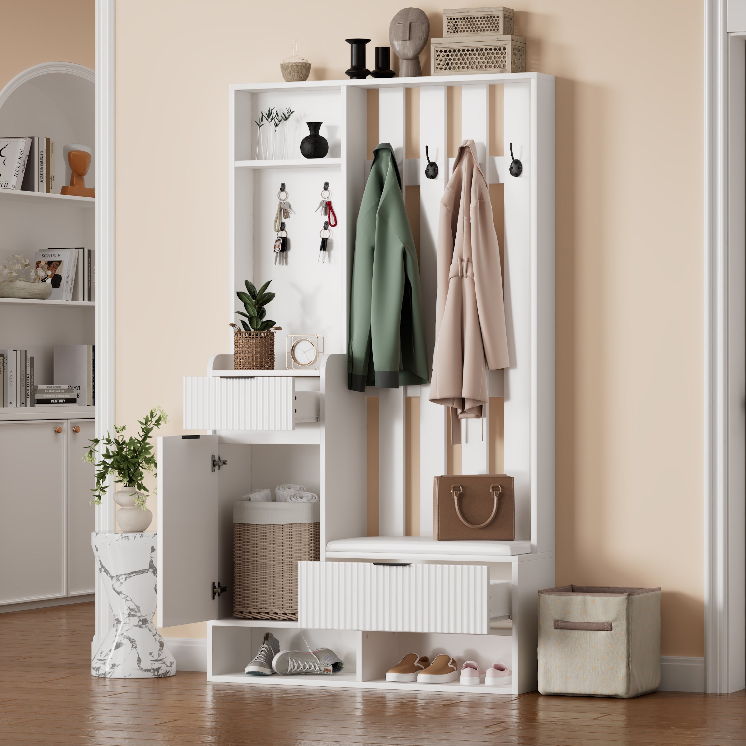 6-in-1 Coat Rack Shoe Cabinet, 8 Hooks, Shoe Bench, Compact Wardrobe Drawers/Shelves, White