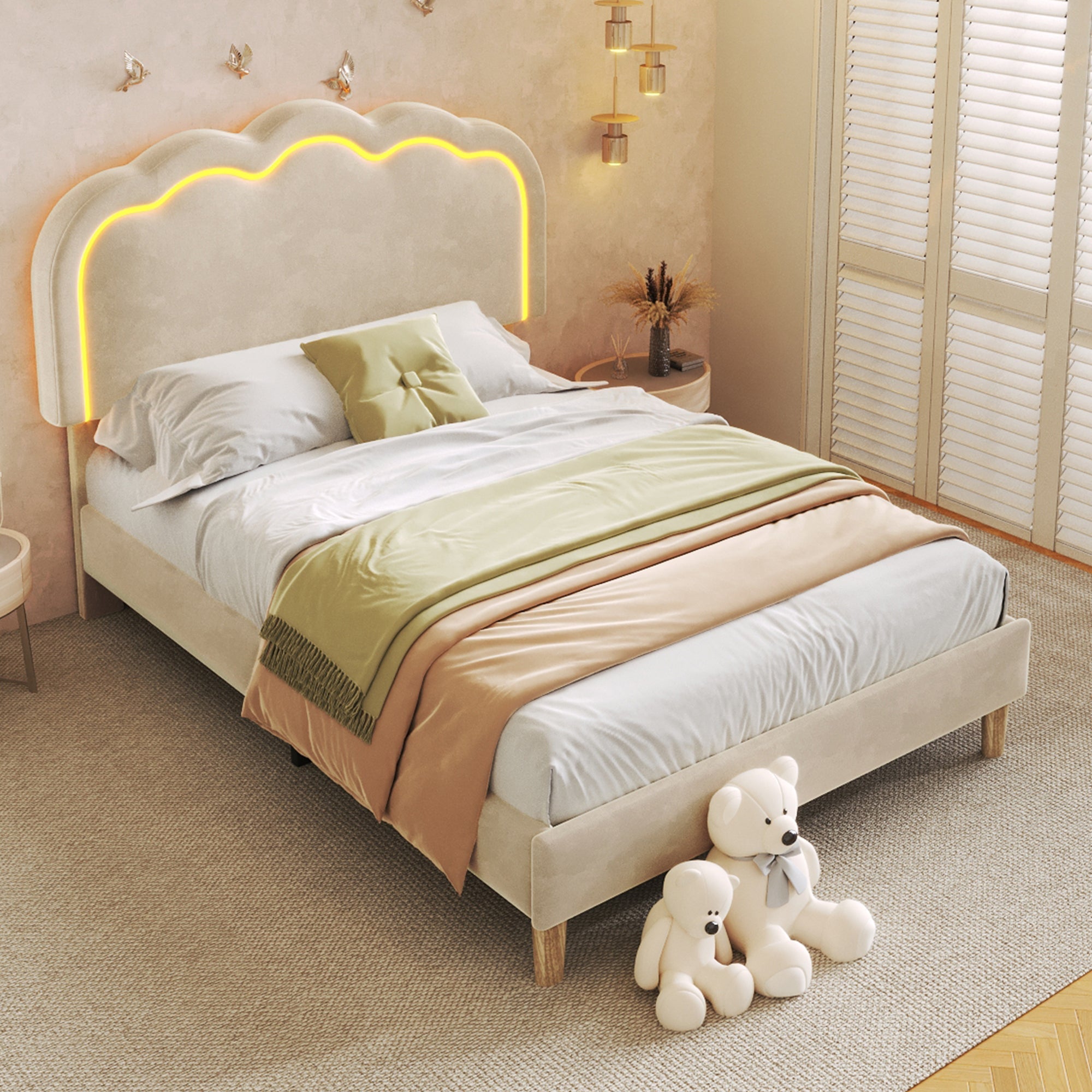 Upholstered Bed, Single with LED, Adjustable Height Headboard, Beige Velvet