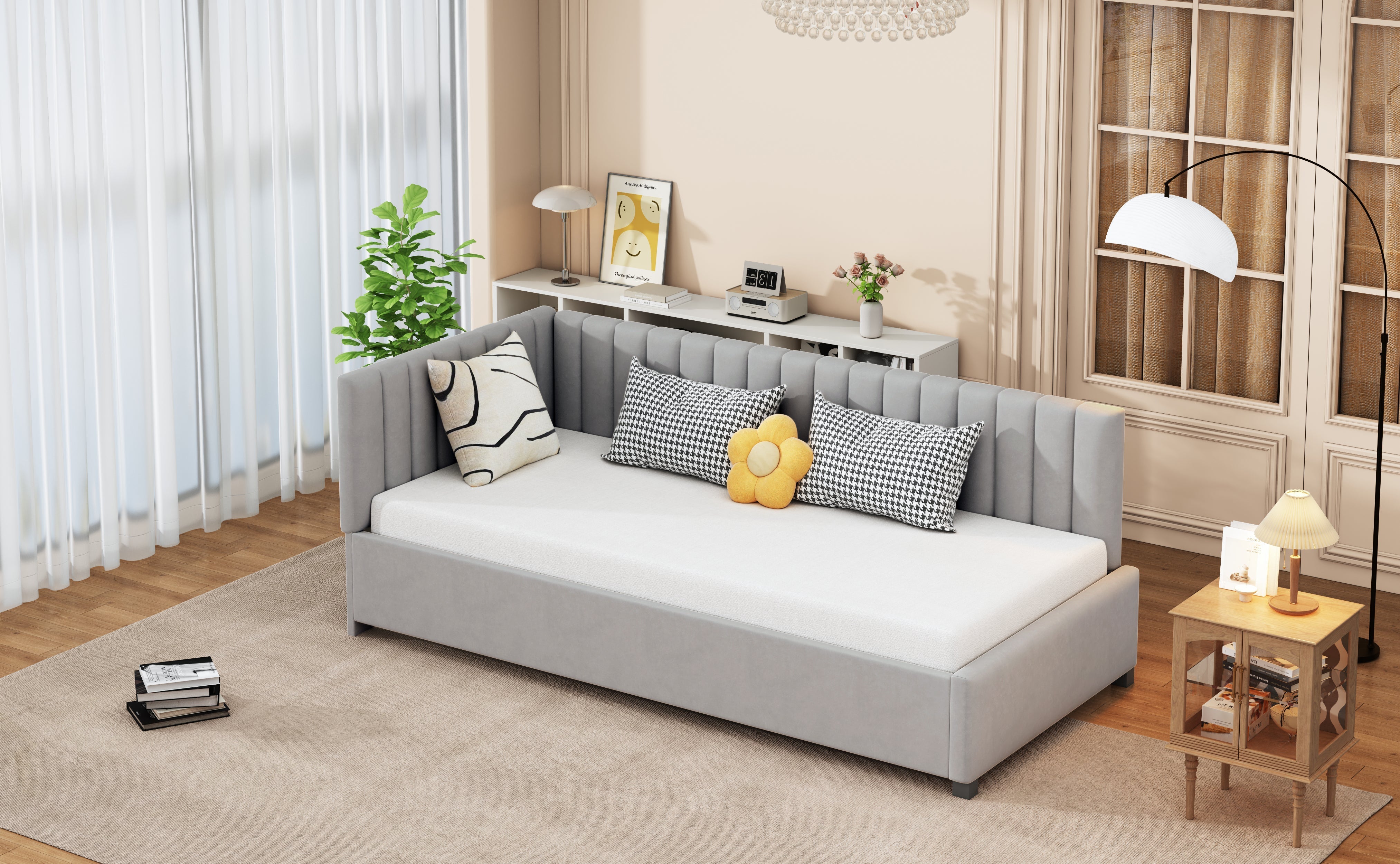 Upholstered Bed Sofa, 90x200 Multifunctional with Slatted Frame, Skin-Friendly Velvet Fabric Gray