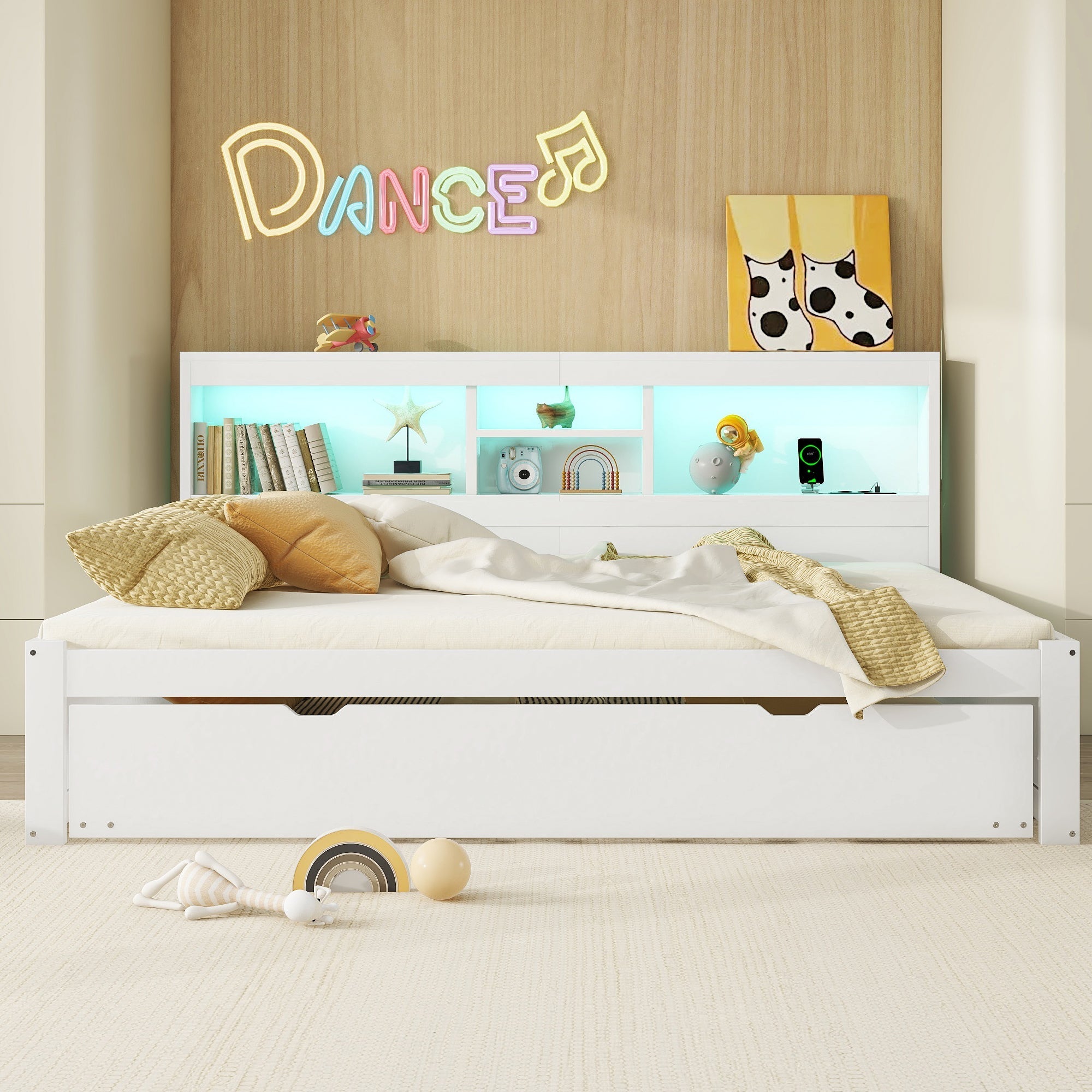 Daybed Sofa Bed 140x200cm Pull-out Bed LED Storage USB/Power Outlet - White