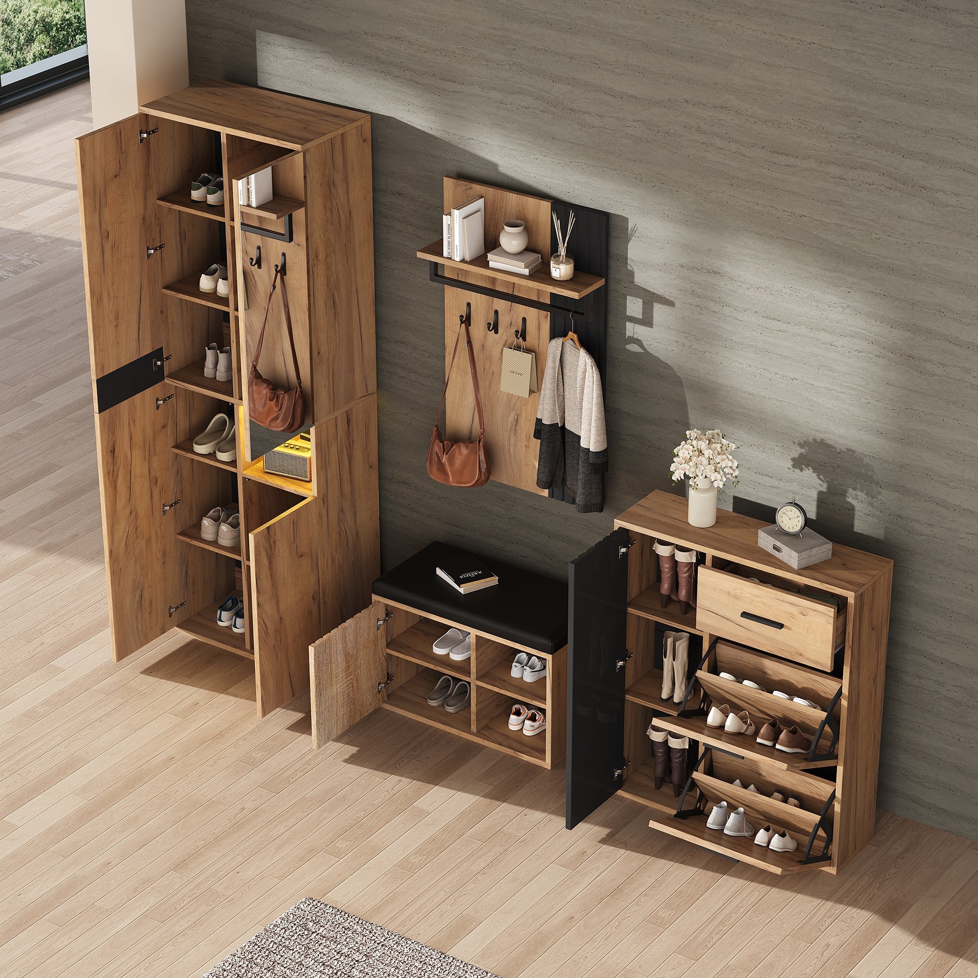 Wardrobe Set 4-Piece Wall-Mounted Coat Rack Shoe Cabinet Shoe Bench, Natural Wood/Black