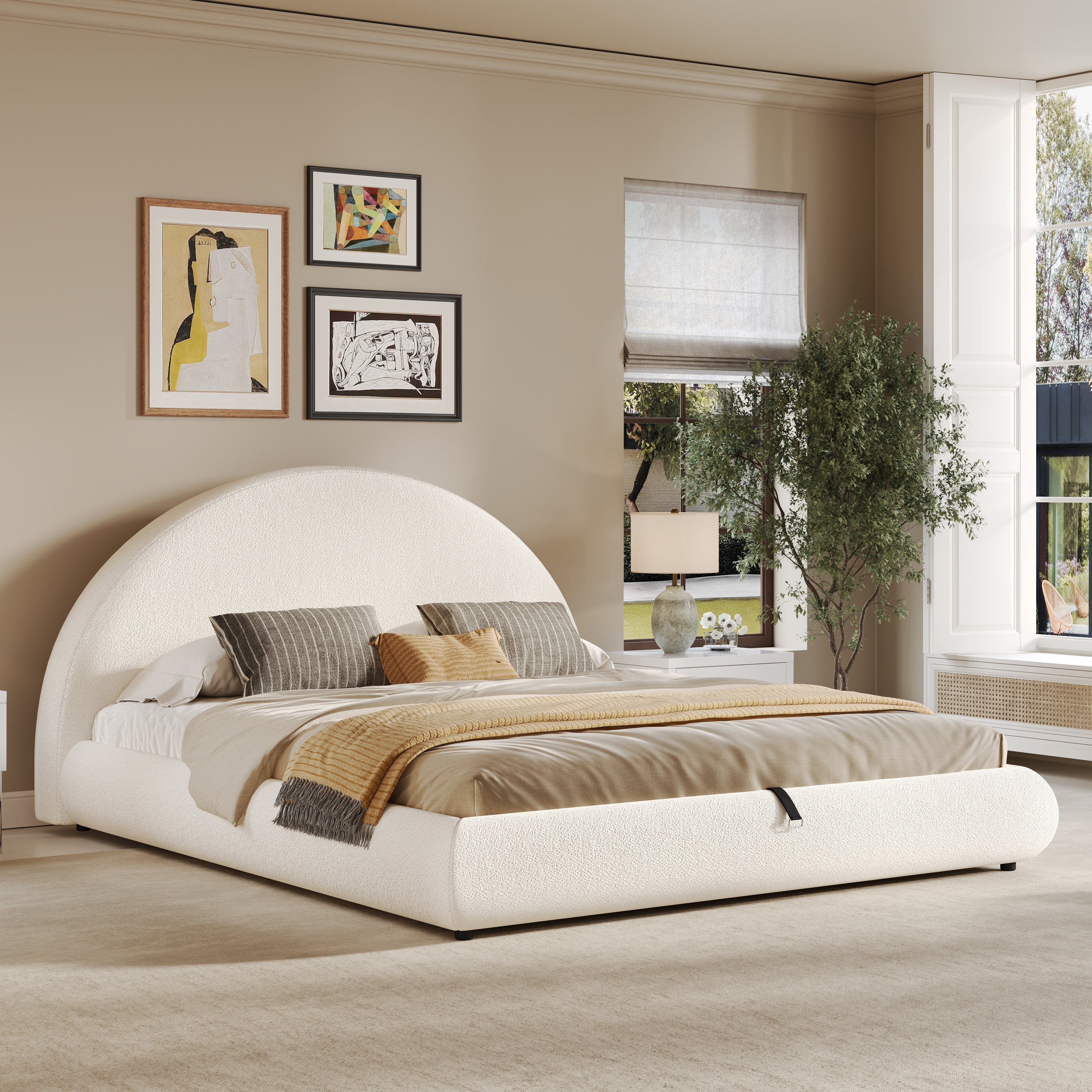 Upholstered Double Bed with Hydraulic Storage and Slatted Frame, 180x200cm, White Bouclé