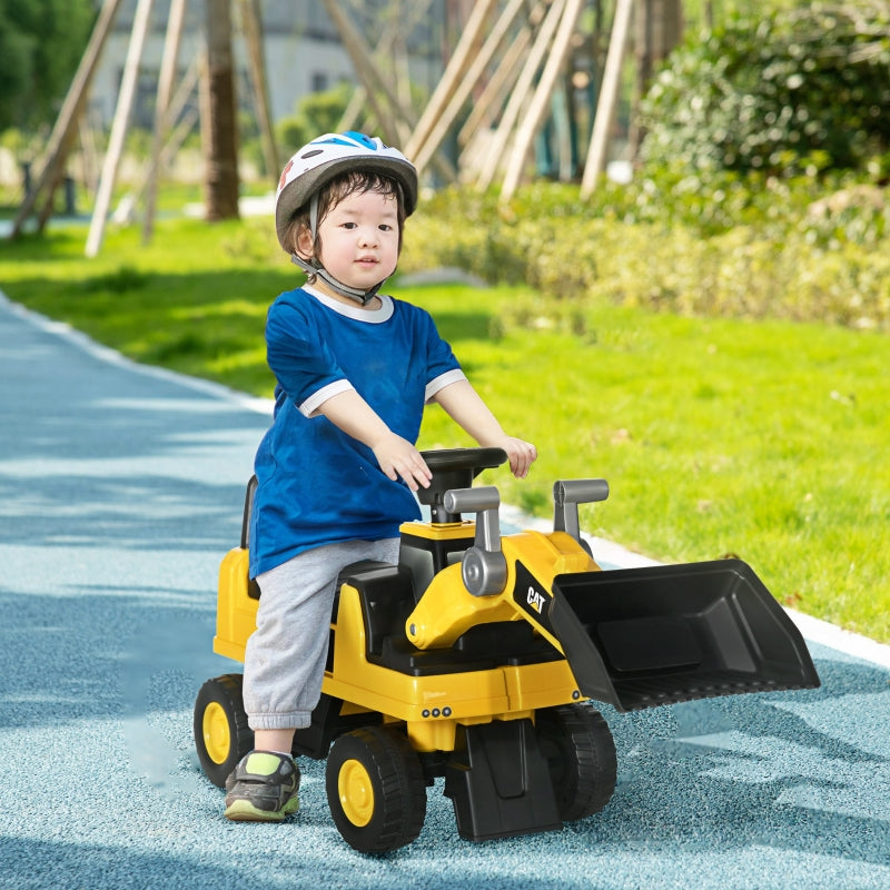 Children's excavator ride-on with operable shovel, anti-tip device, non-slip wheels, yellow and black