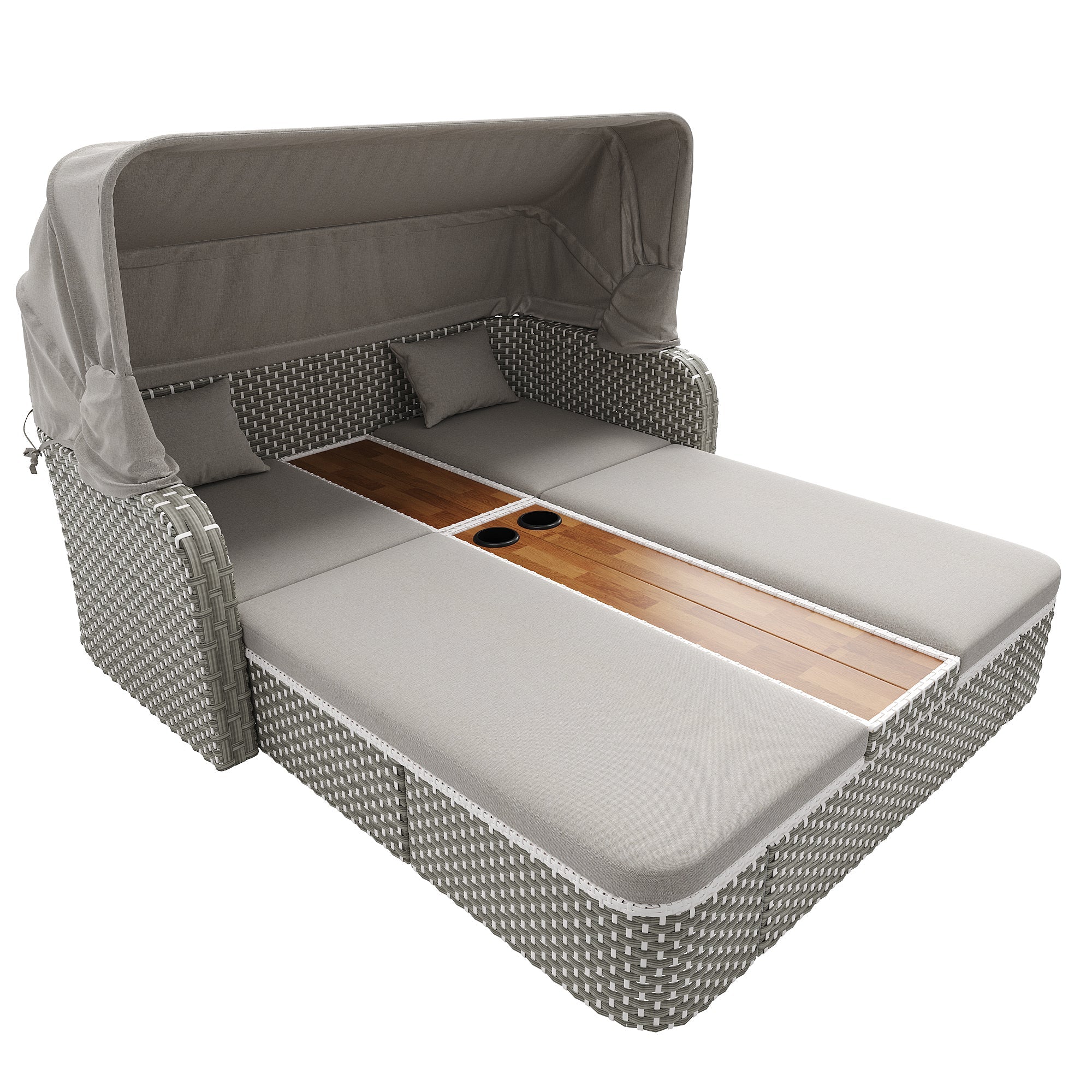 Garden Lounge Set with Sunshade and Gazebo, Polyrattan Seating Group with Sofa and Table, Beige and Grey