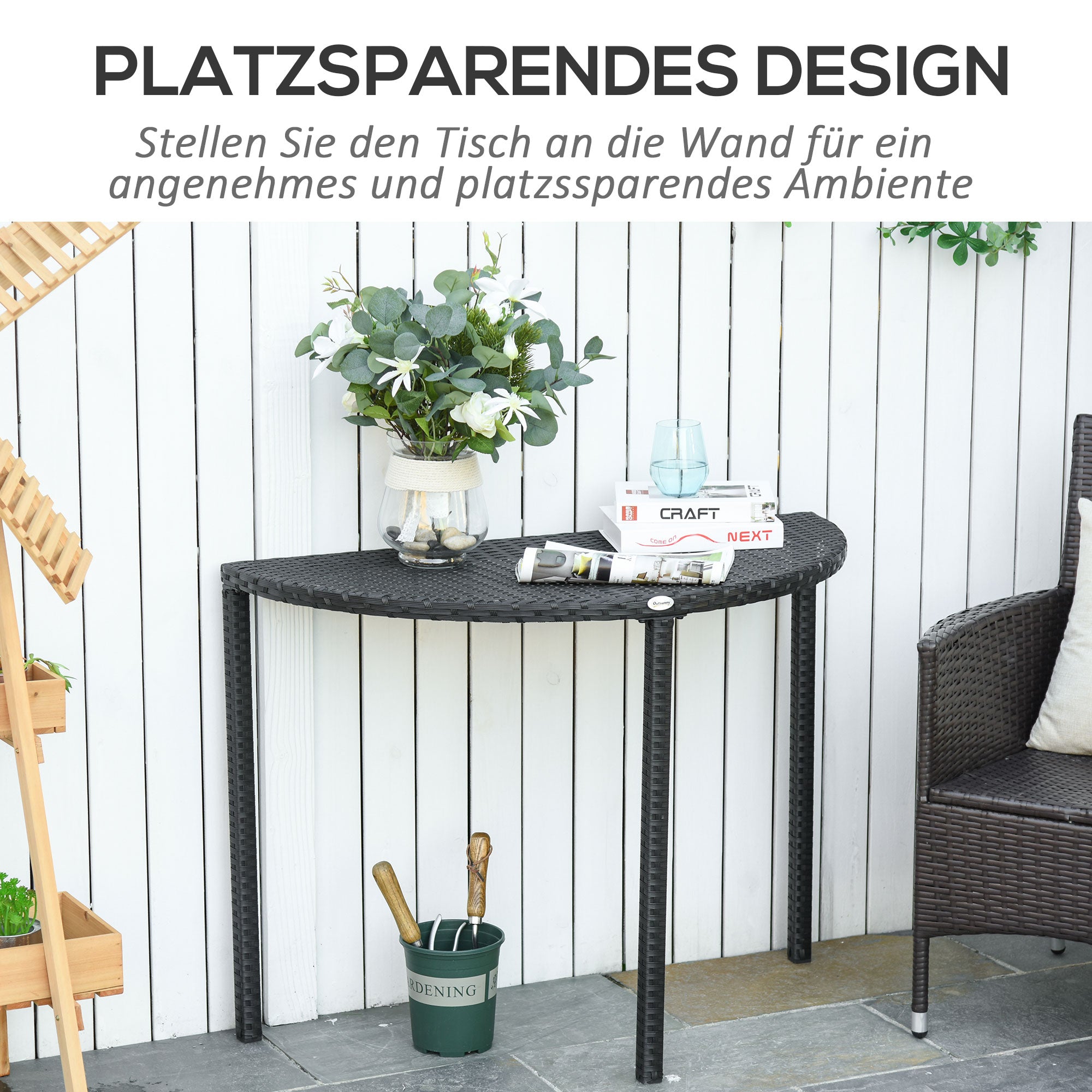Semi-circular Balcony/Garden Side Table 100x50x74cm Polyrattan and Metal, Black