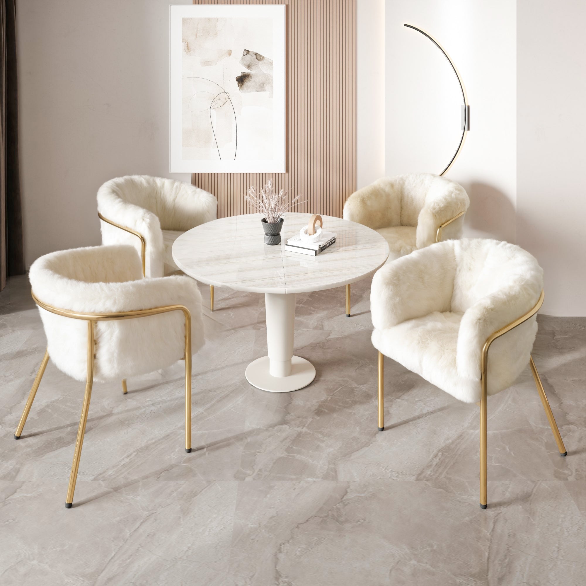 Leisure Chair, Single Dressing Dining Chair with 4 Metal Legs, Imitation Rabbit Down Beige
