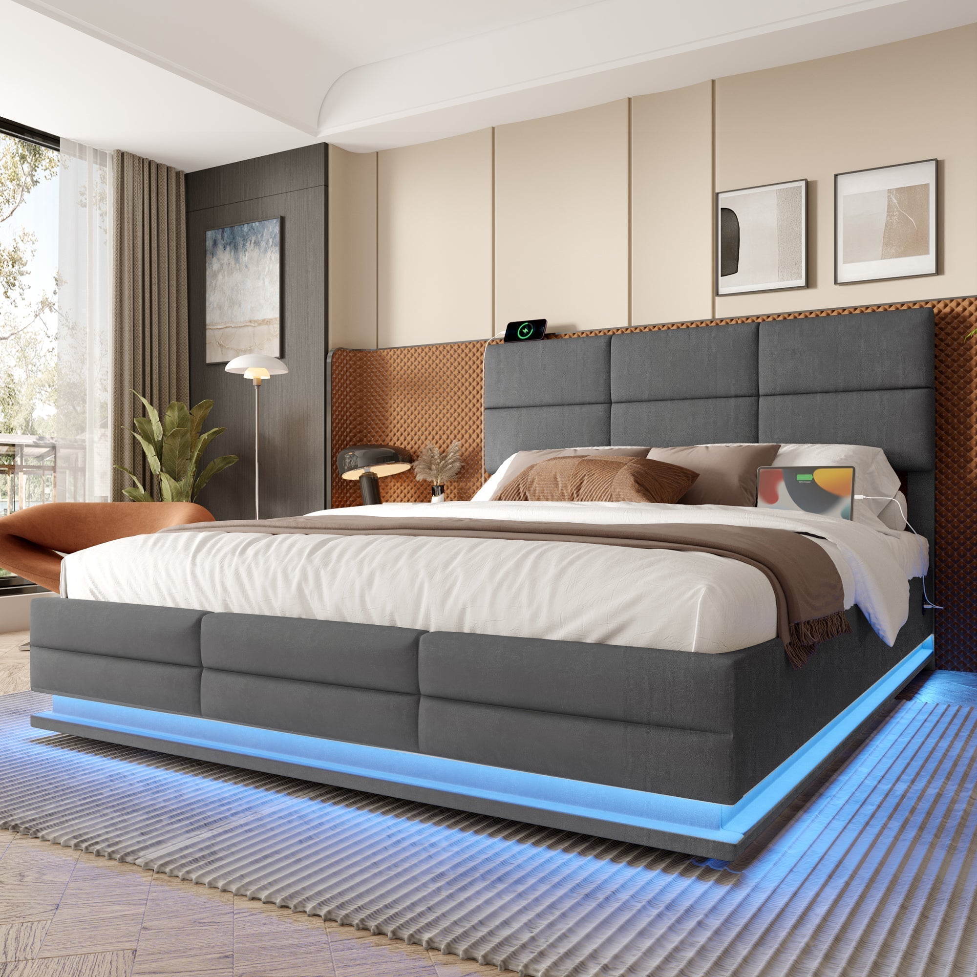 Modern Velvet Upholstered Bed, 150x200 cm, LED, USB Ports, Hydraulic Lift, Gray