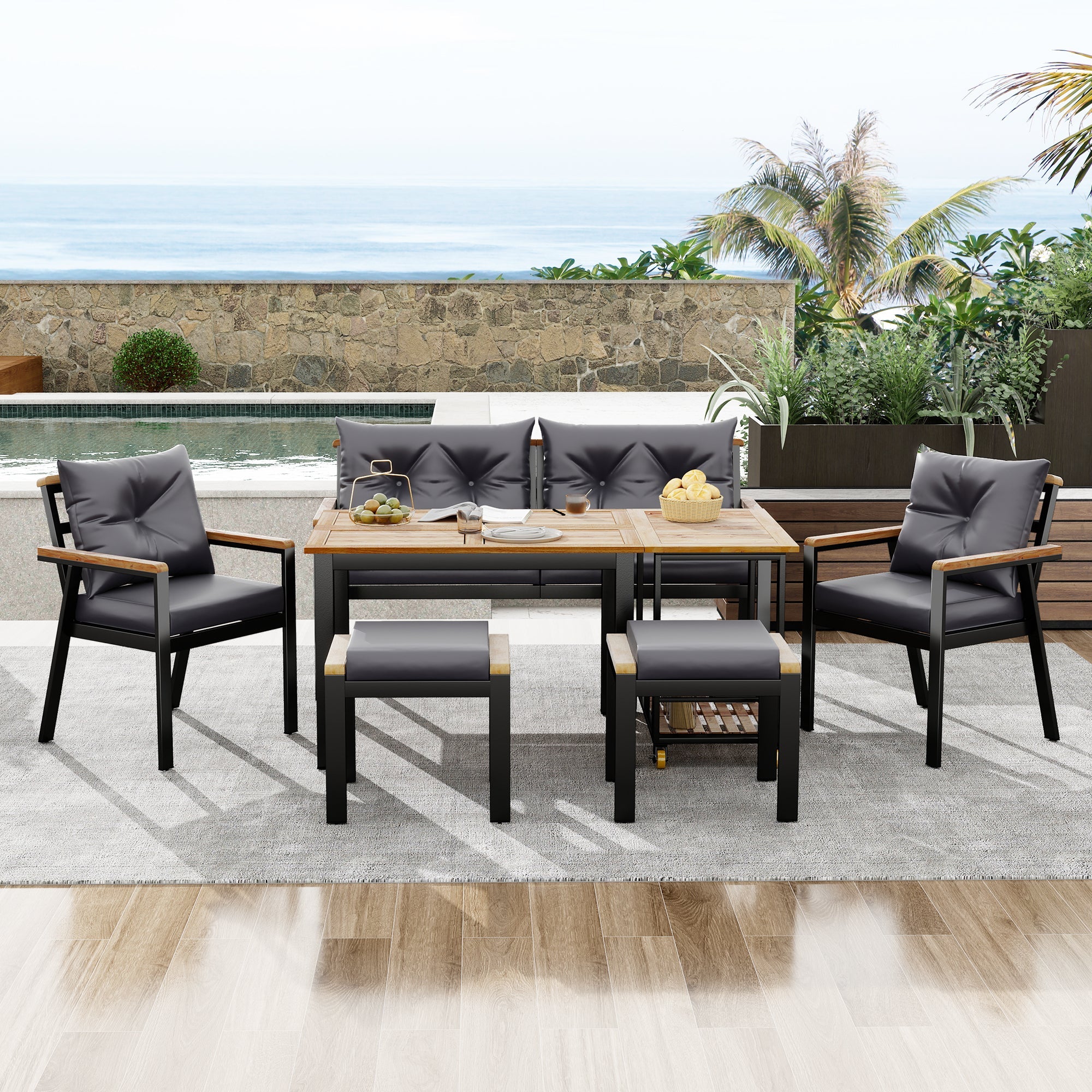 Dining Set, 6-7 Seater with Armchairs & Removable Trolley, Acacia Wood