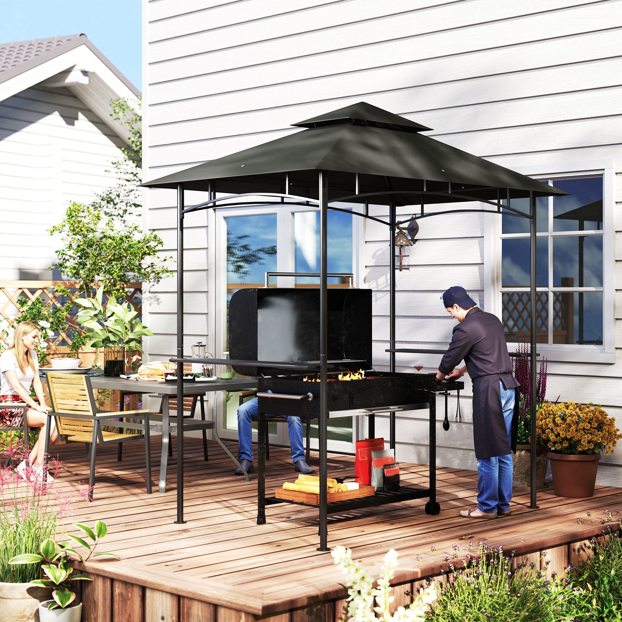 Grill Pavilion LED Lighting, 240x150x258cm, Water-Repellent, Double-Layered Roof, Side Shelves, Dark Grey