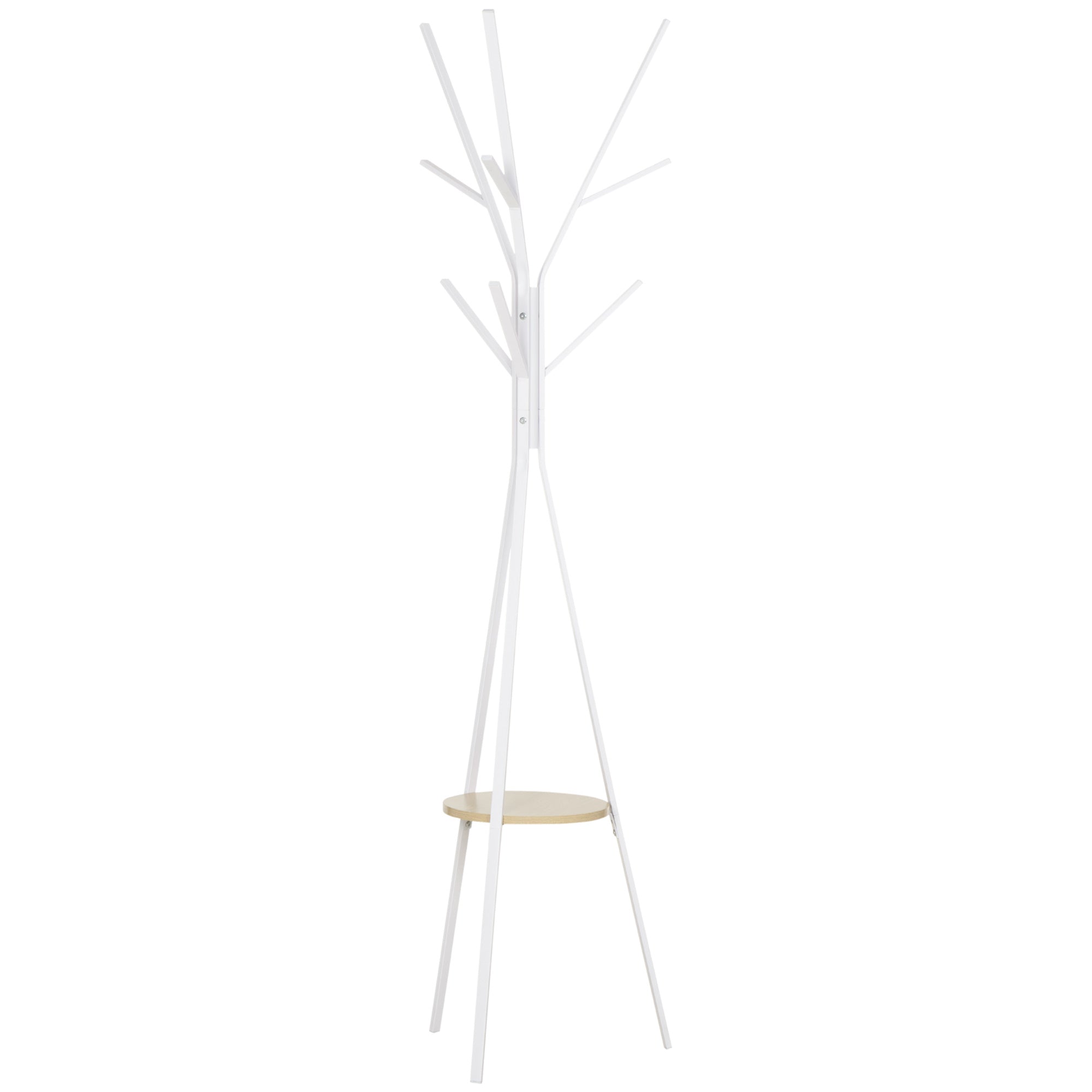 Freestanding Coat Rack Stand 9 Hooks 1 Shelf Metal White